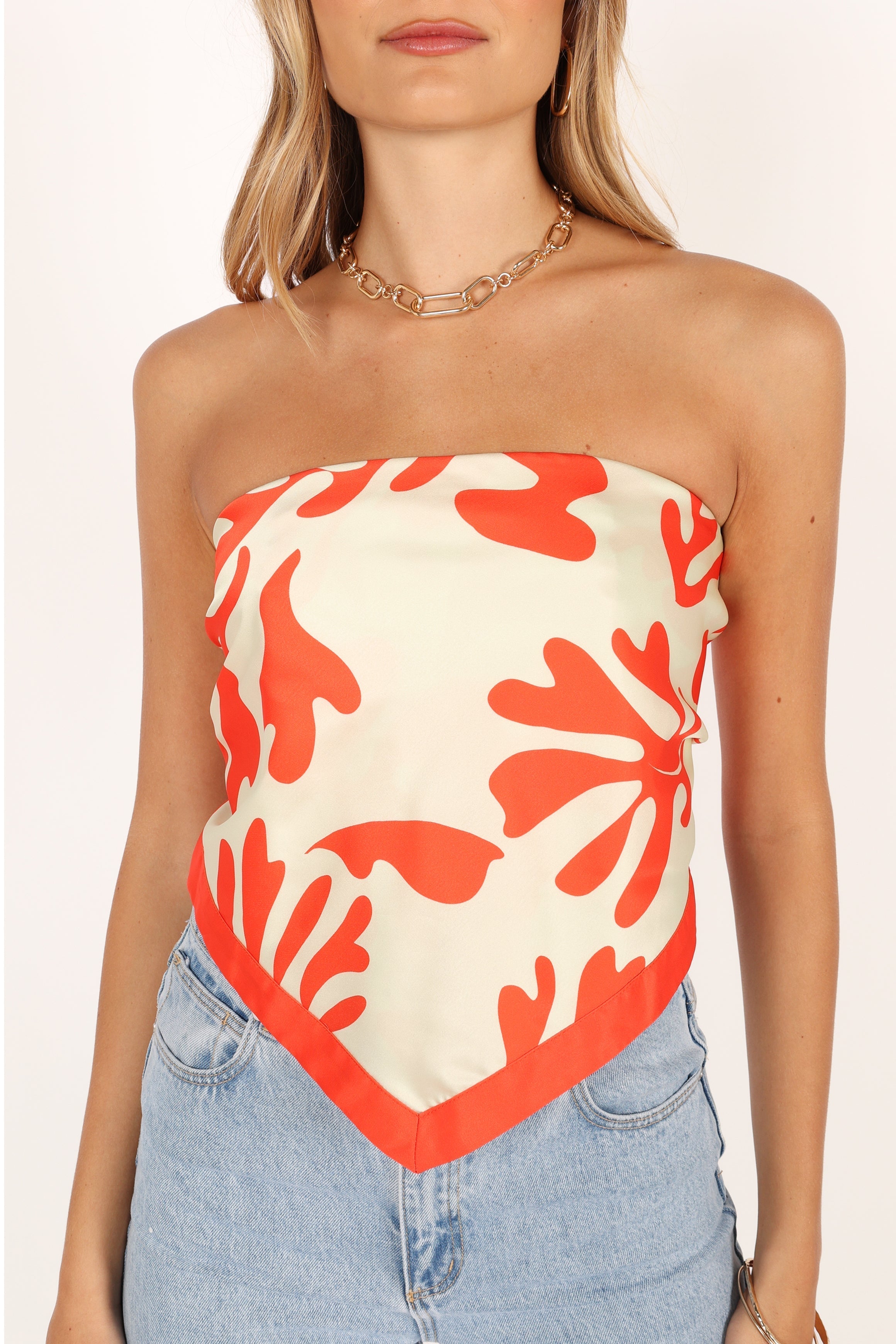 Akeli Scarf Top - Orange Botanica Print Women's Fashion Blouse for Casual Wear & Boho Outfits | Perfect for Spring & Summer Styling