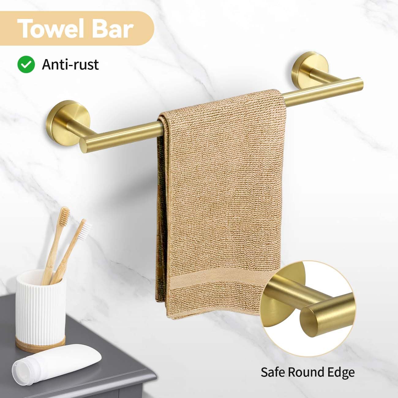 5-Piece Matte Gold Bathroom Hardware Set - Stainless Steel Wall Mounted Towel Bar, Toilet Paper Holder, Ring & 2 Hooks - Modern Bathroom Accessories Kit for Home & Hotel (16 Inch, Gold) - Perfect for Bathrooms, Powder Rooms & Spa Retreats