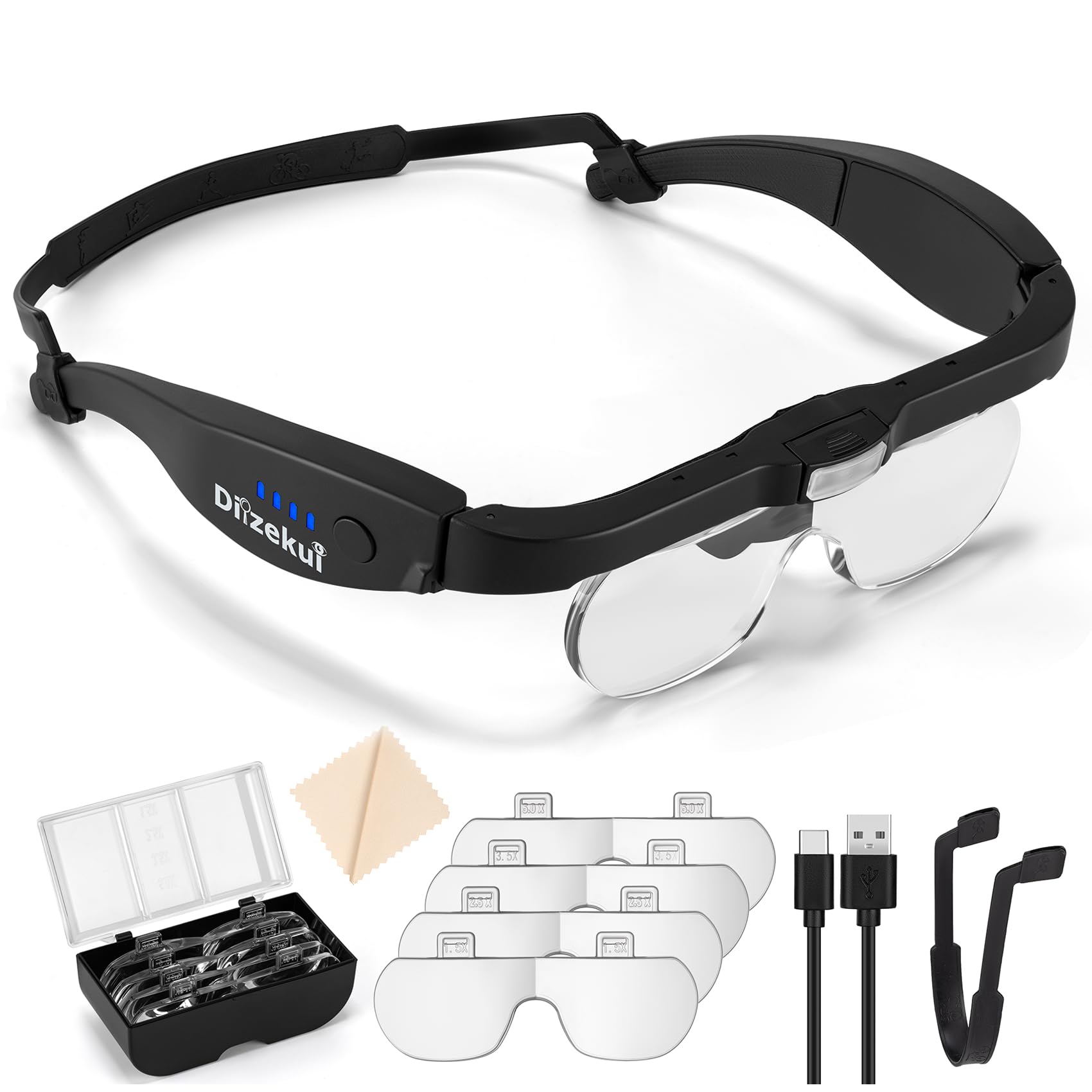 Rechargeable LED Magnifying Glasses 1.5X-5.0X with 4 Detachable Lenses - Hands-Free Head Magnifier for Reading, Jewelry Making, Watch Repair & Close Work - Ideal for Seniors, Hobbyists & Professionals