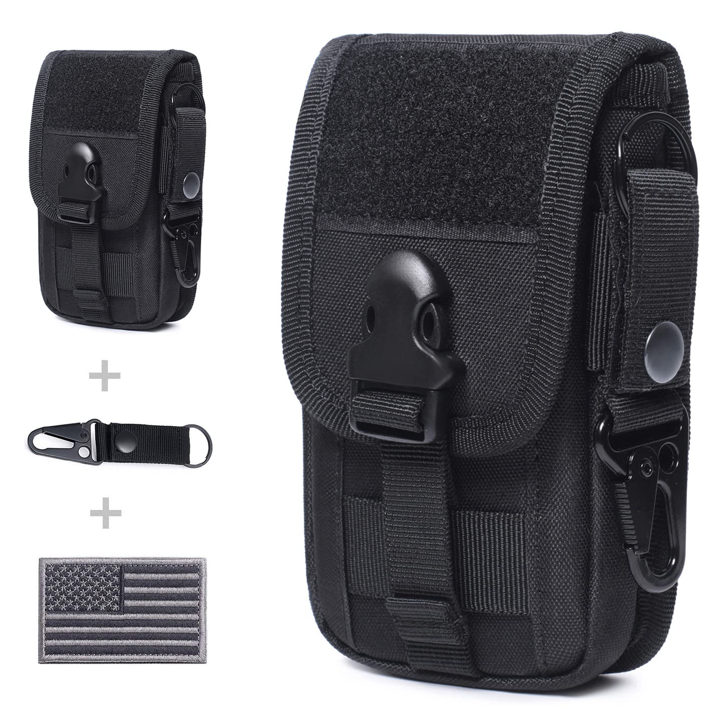 Tactical MOLLE Phone Pouch - EDC Smartphone Holder Case with US Flag Patch & Key Ring - Perfect for Outdoor, Hiking, Camping & Military Use