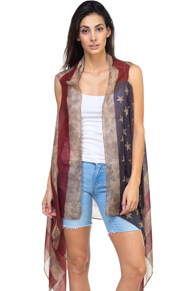 CCFW Women's USA Flag Themed Vintage Kimono Cover Up Shawl Vest - Lightweight Beachwear for Summer, Patriotic Festival Outfit, 4th of July Party, Poolside Coverup & Boho Fashion Accessory