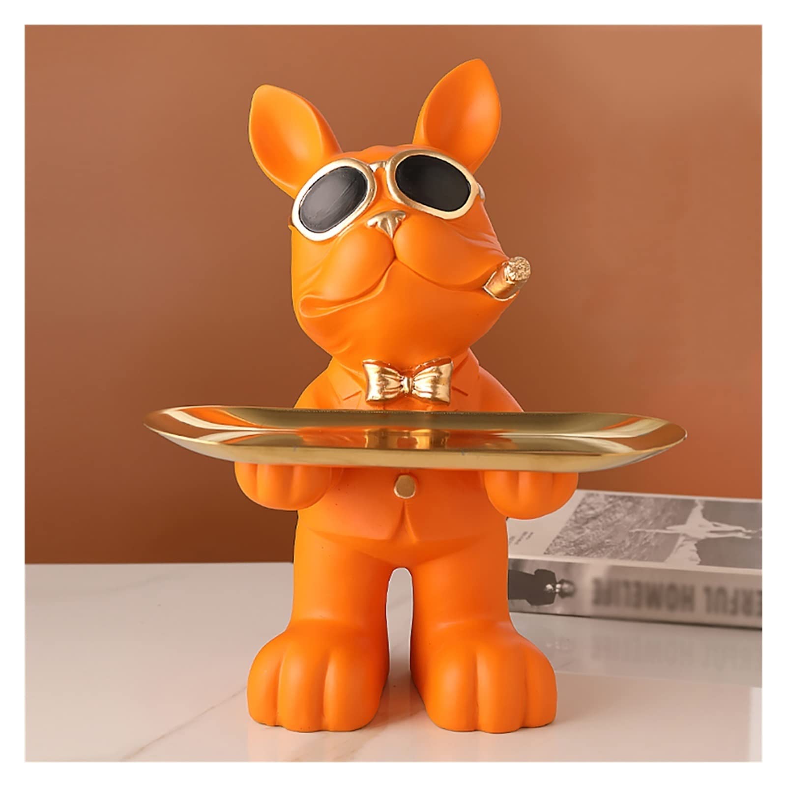 LEIYAN Bulldog Statue Key Holder & Jewelry Dish - Resin Home Decor Tray for Entryway, Desktop, or Countertop - Organize Keys, Jewelry, Nuts, Snacks & Fruits - Perfect for Living Room, Bedroom, or Office Decor (Orange)