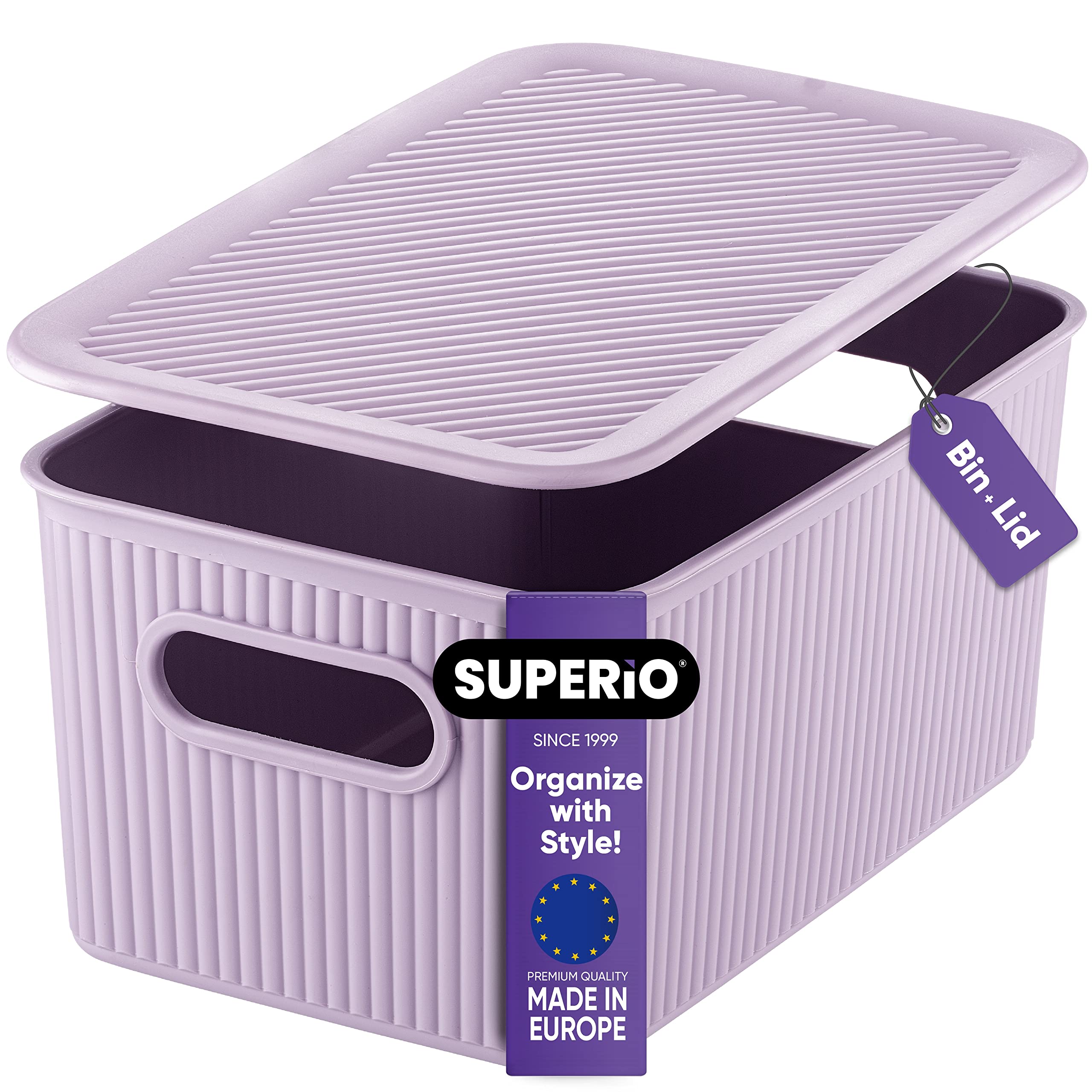 Superio Ribbed Collection - Decorative Plastic Lidded Storage Bins Organizer Baskets, Medium Lilac Purple (1 Pack - 5 Liter) Stackable Container Box for Closet, Shelf, Drawer Organization - Perfect for Bedroom, Bathroom & Office Storage Solutions