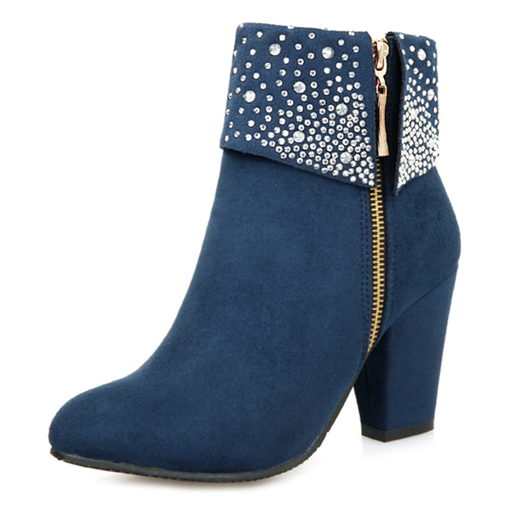 Mioke Women's Chunky Block Heel Ankle Boots - Rhinestone Decor Round Toe Suede Booties with Side Zipper for Party, Night Out & Date Night