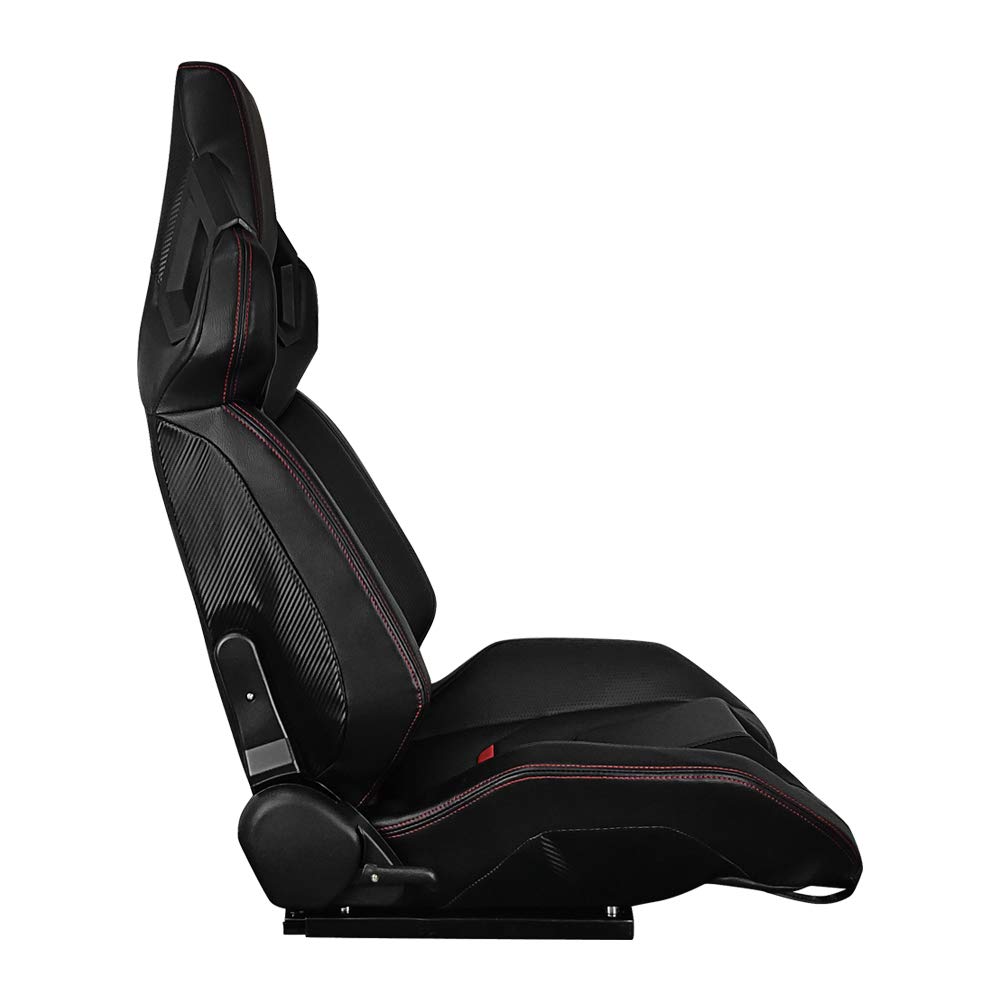 IKON MOTORSPORTS Universal Racing Seat - Left Driver Side with Dual Slider, Black PU Leather with Red Stitch & Stripe, Reclinable Bucket Seat for Sports Cars & Racing Simulators