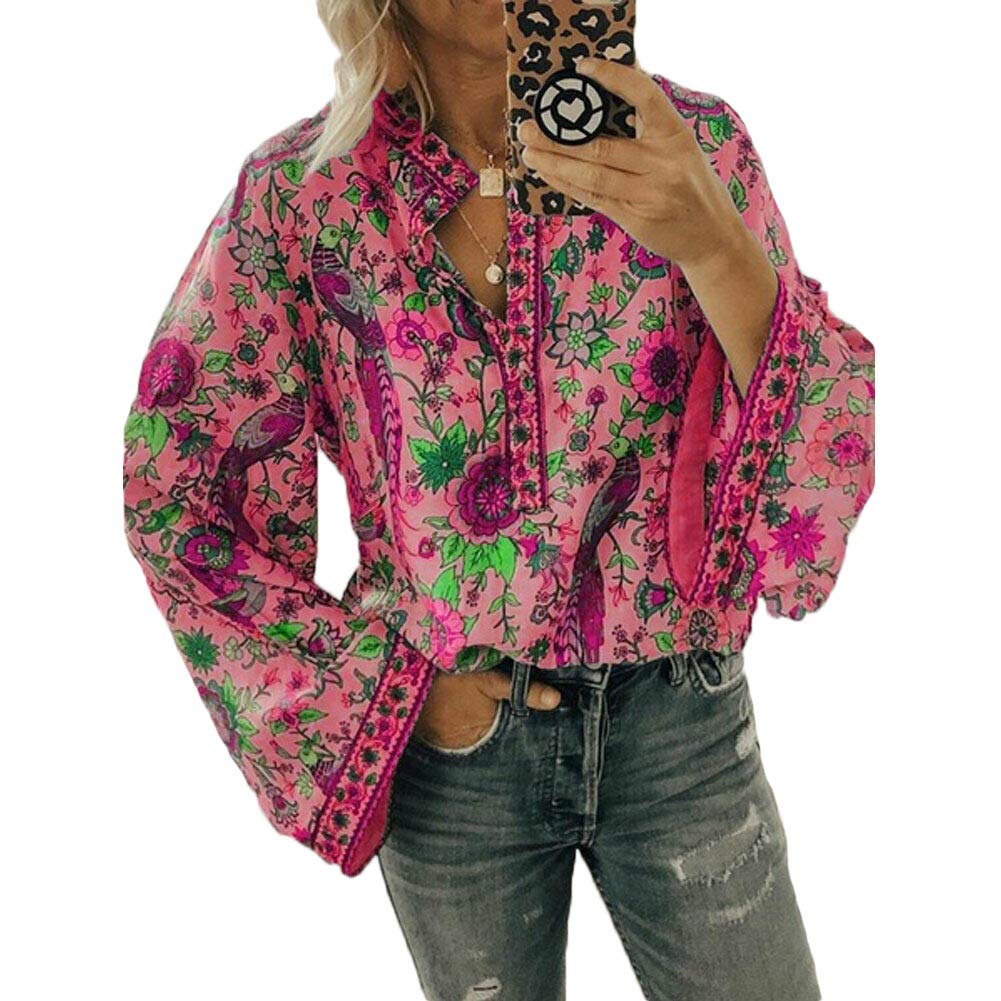 Bohemian Floral Print V-Neck Long Sleeve Blouse for Women - Casual Loose Fit Button Down T-Shirt Top for Everyday Wear, Date Night & Spring Outfits