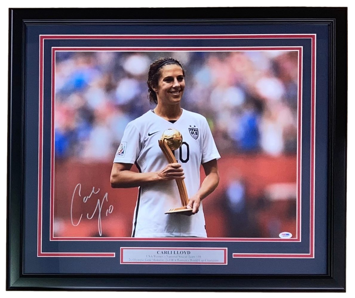Authentic Carli Lloyd Signed 16x20 Framed USA World Cup Trophy Photo with PSA/DNA Certification - Perfect for Soccer Memorabilia Collectors & Sports Fan Cave Decor