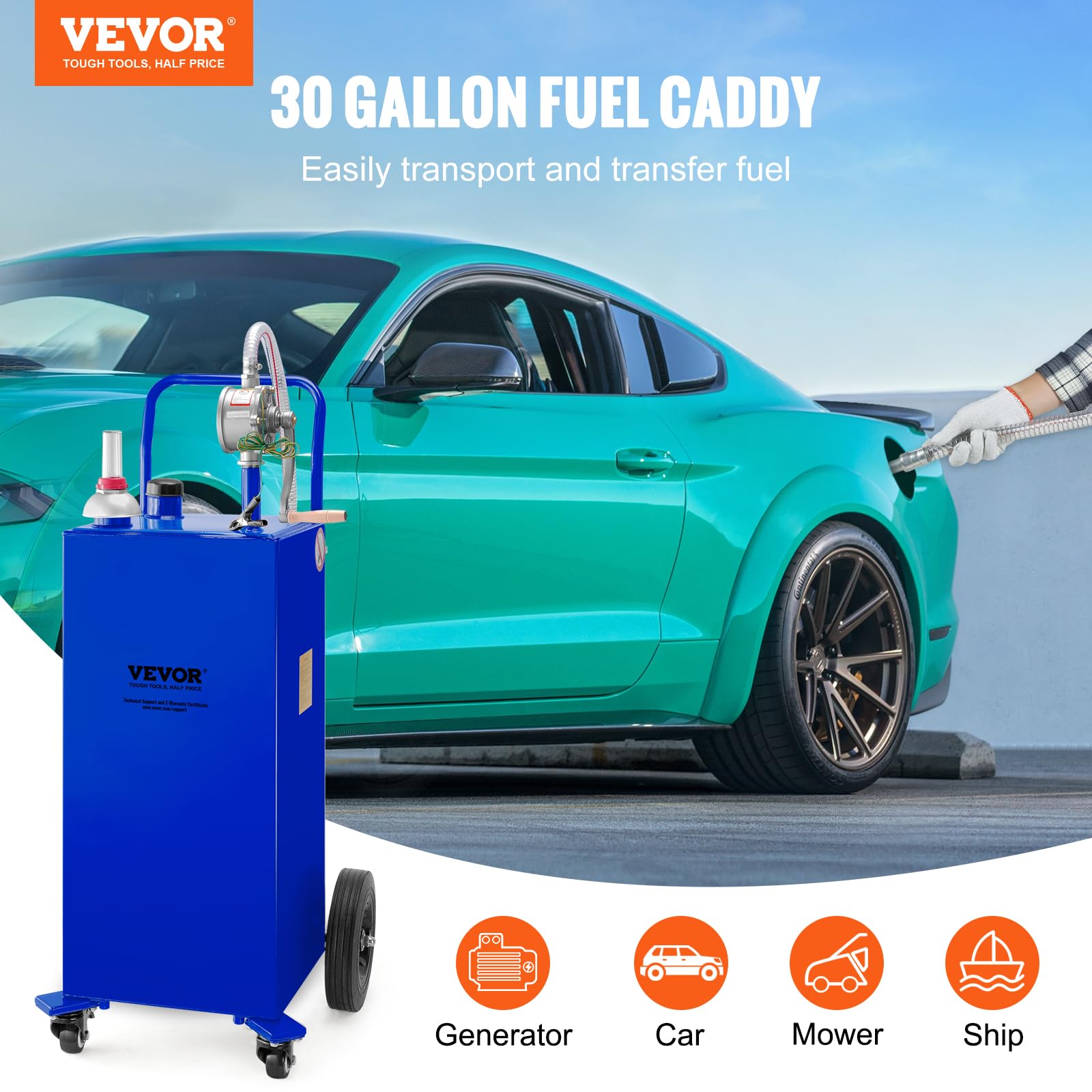 VEVOR 30 Gallon Portable Gas Caddy with Manual Pump - 4-Wheel Fuel Storage Tank for Gasoline & Diesel - Heavy Duty Fuel Container for Cars, Trucks, Lawn Mowers, ATVs, Boats & Outdoor Equipment - Ideal for Home, Farm, Construction & Emergency Fuel Storage