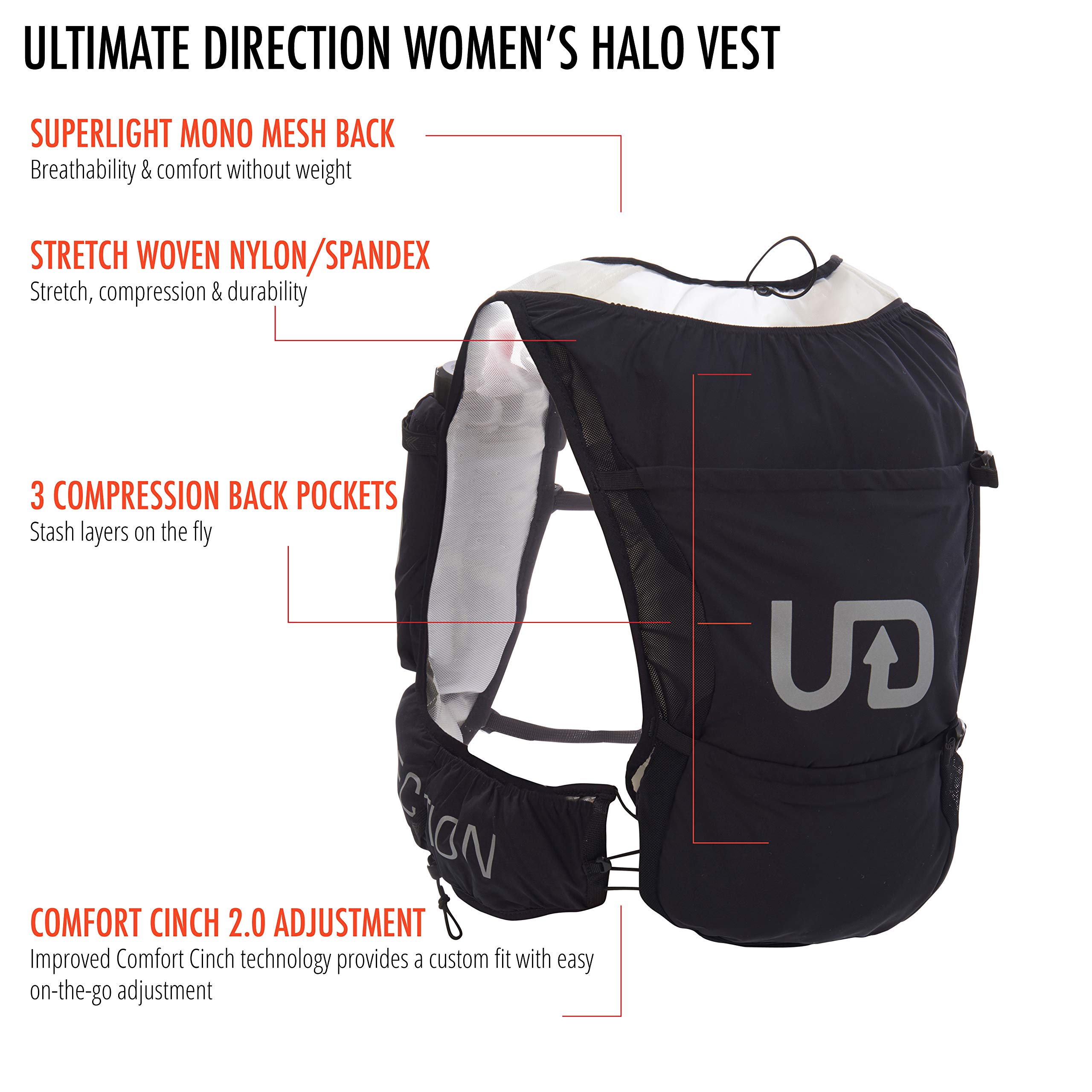 Ultimate Direction Women's Halo Ultra Running Vest Hydration Pack - Large Size, Black - Perfect for Trail Running, Hiking & Outdoor Adventures