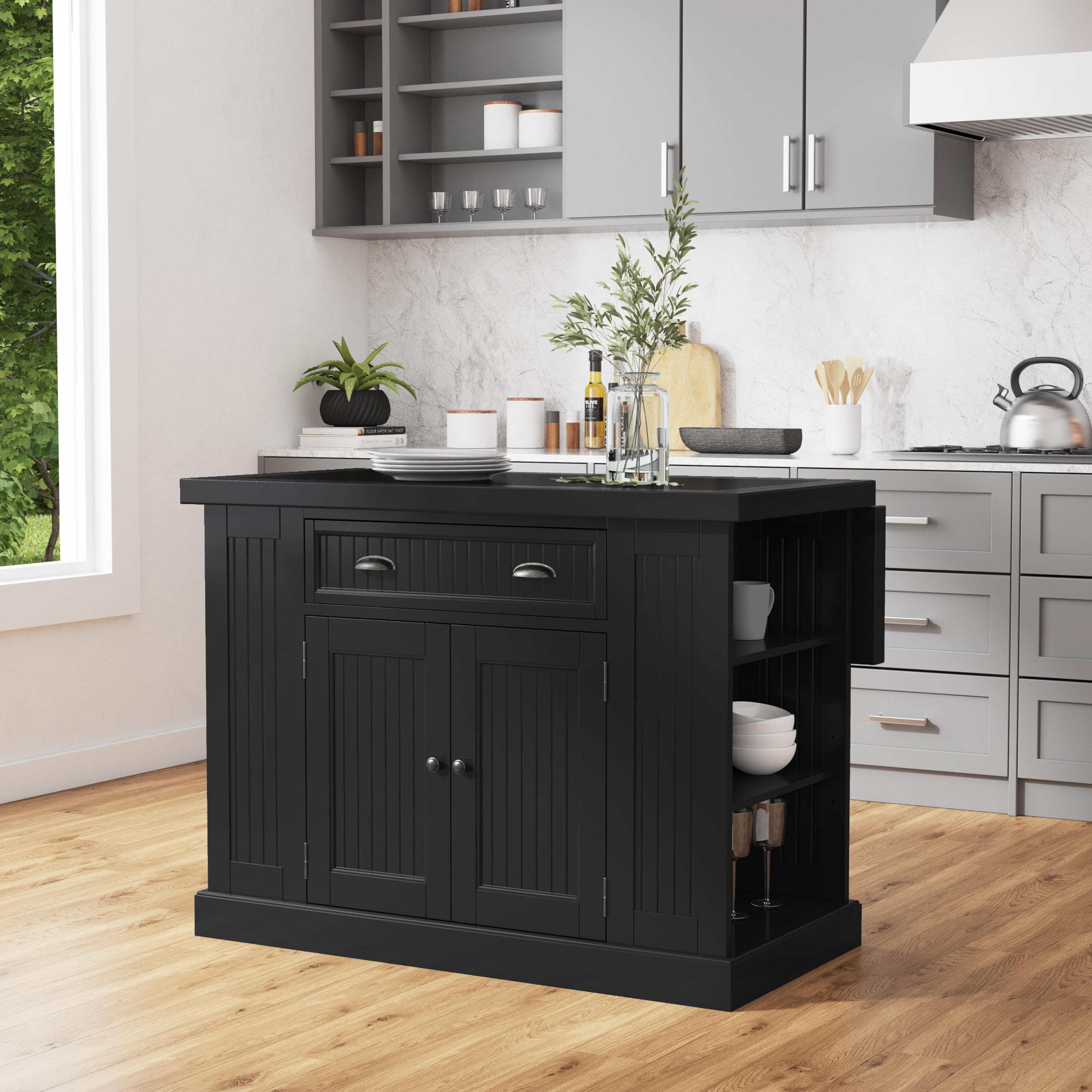Homestyles Nantucket Kitchen Island in Black - Stylish Kitchen Cart with Storage for Small Spaces | Perfect for Meal Prep, Entertaining & Extra Counter Space