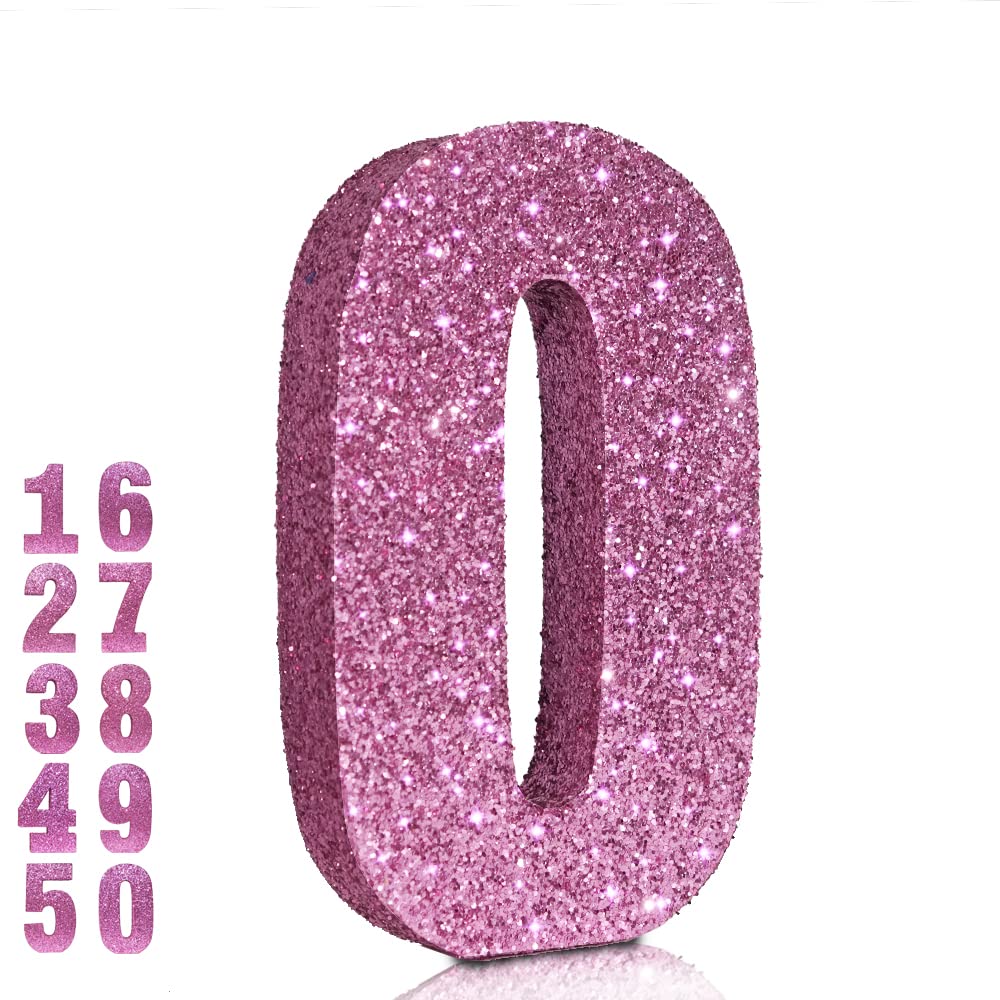 Pink Glitter Number 0 Sign - 7.8 Inch Birthday Party Decor, Anniversary Table Centerpiece, Cake Topper for Baby Shower, Wedding & Special Events