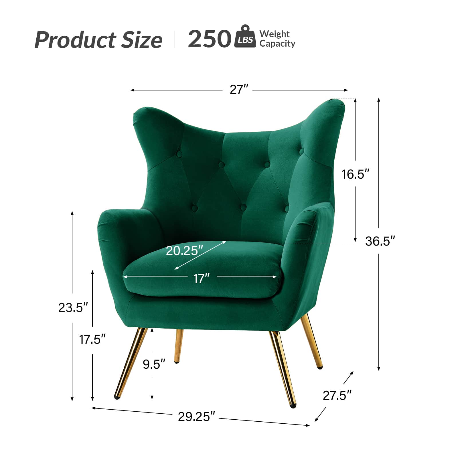 Luxury Isabelle Wingback Velvet Upholstered Armchair - High Back Accent Chair with Sturdy Metal Legs for Living Room, Bedroom & Office Decor