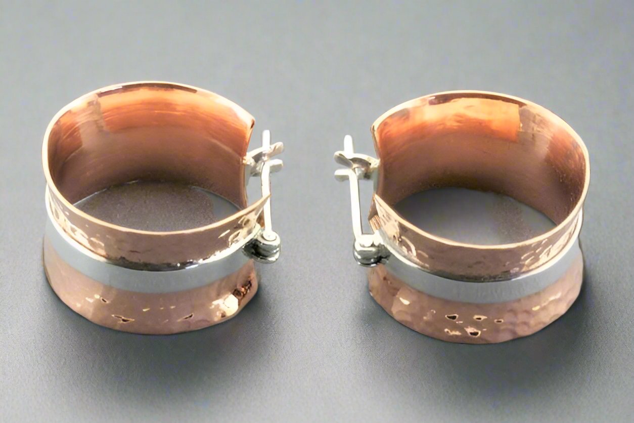Handmade Concave Battered Copper Hoop Earrings with Silver Band - Boho Chic Jewelry for Women, Perfect for Everyday Wear & Special Occasions