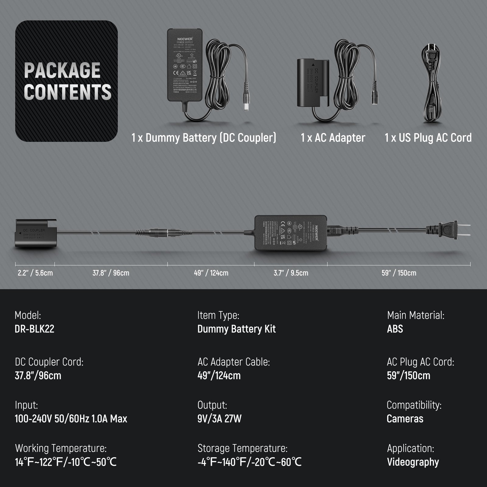 NEEWER DMW BLK22 AC Power Supply Adapter & DC Coupler Dummy Battery Kit for Canon Cameras - Perfect for Continuous Shooting, Video Recording, and Studio Use