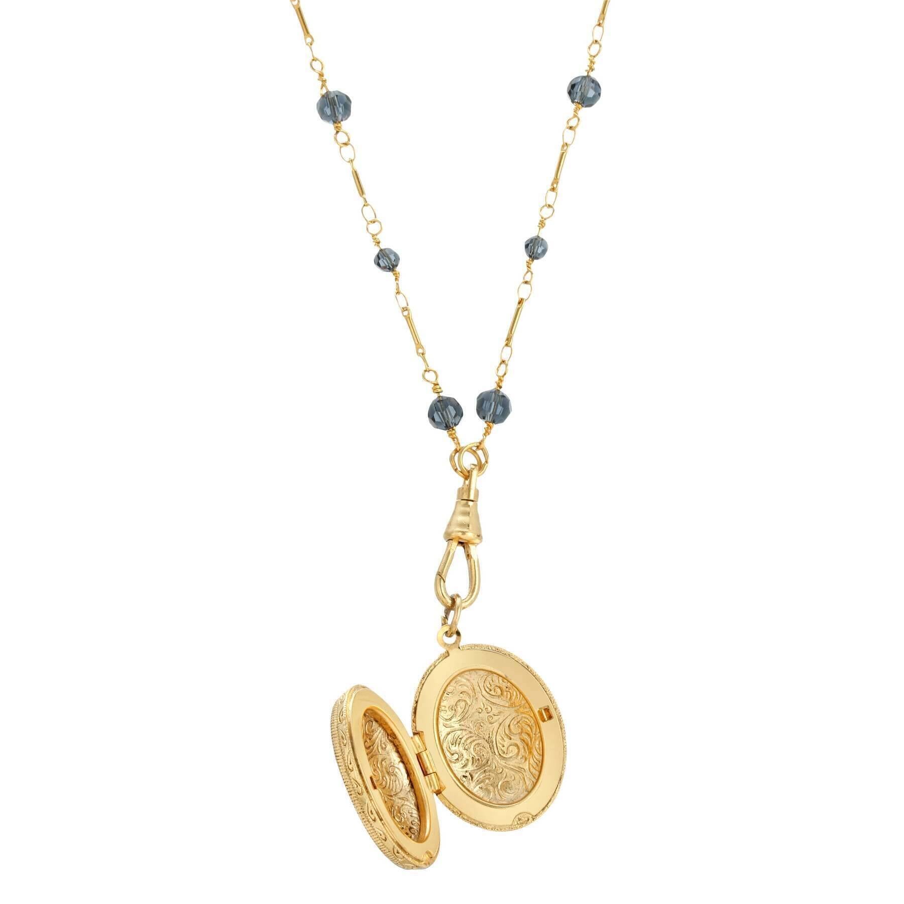 Vintage 1928 Blue Montana Glass Beaded Double-Sided Oval Floral Locket Necklace - 30