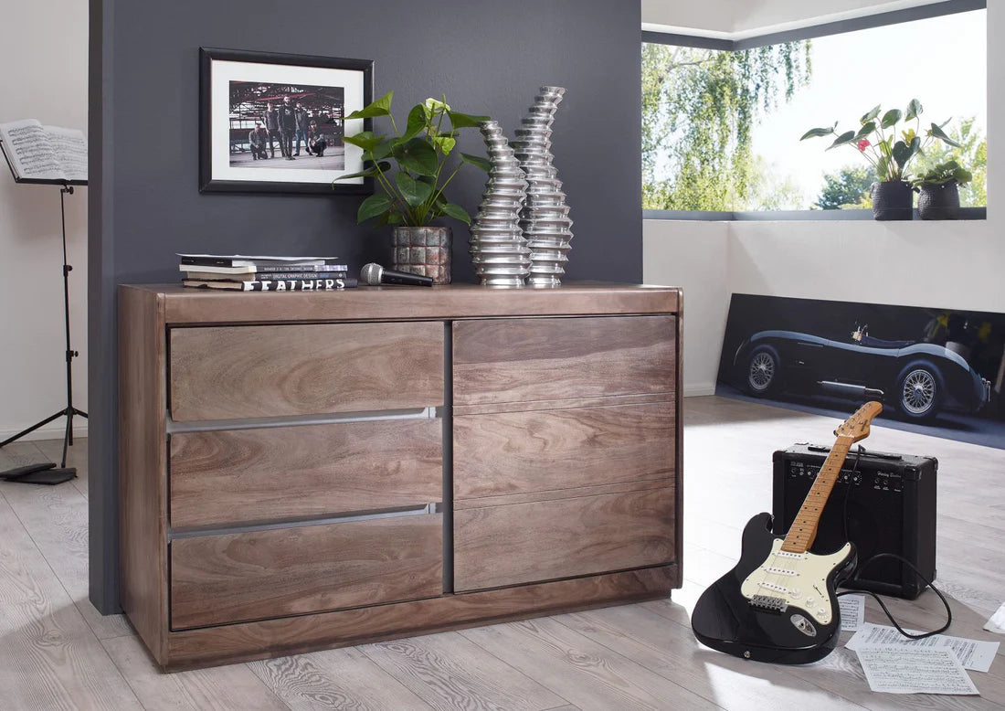 Gfine Solid Sheesham Wood Sideboard - Single Door & 3 Drawers, 127x46x76cm - Perfect for Living Room Storage & Dining Room Organization