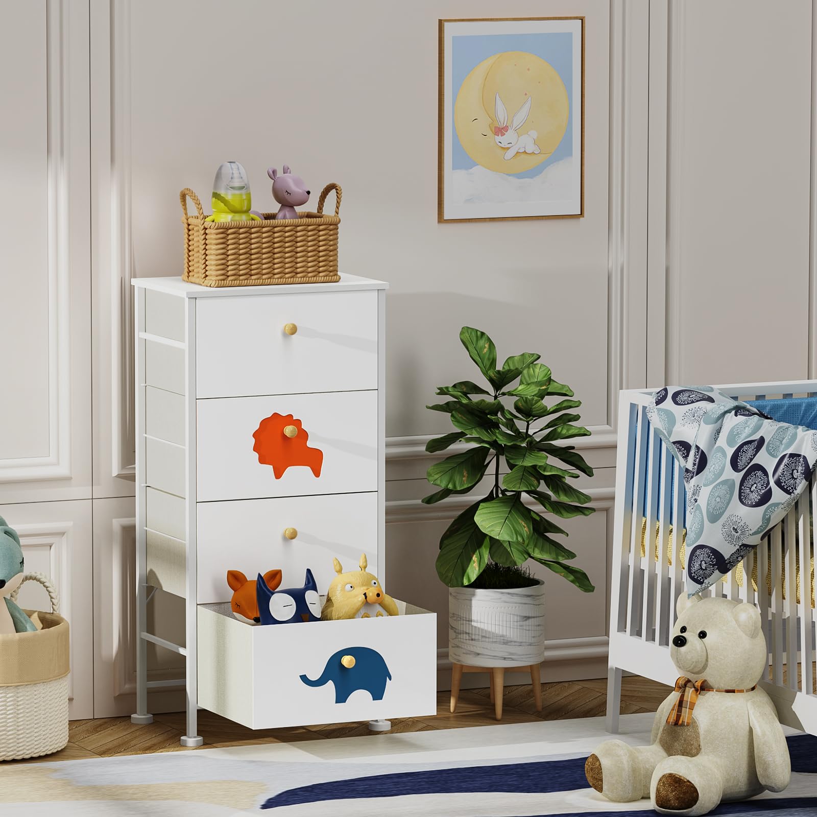FRAPOW Kids Dresser for Bedroom - 4 Fabric Drawers Baby Dresser with Wood Top & Metal Frame, Tall Storage Organizer for Toddler Clothes, Toys & Nursery Essentials | Perfect for Nursery, Bedroom, Closet & Small Apartment Organization