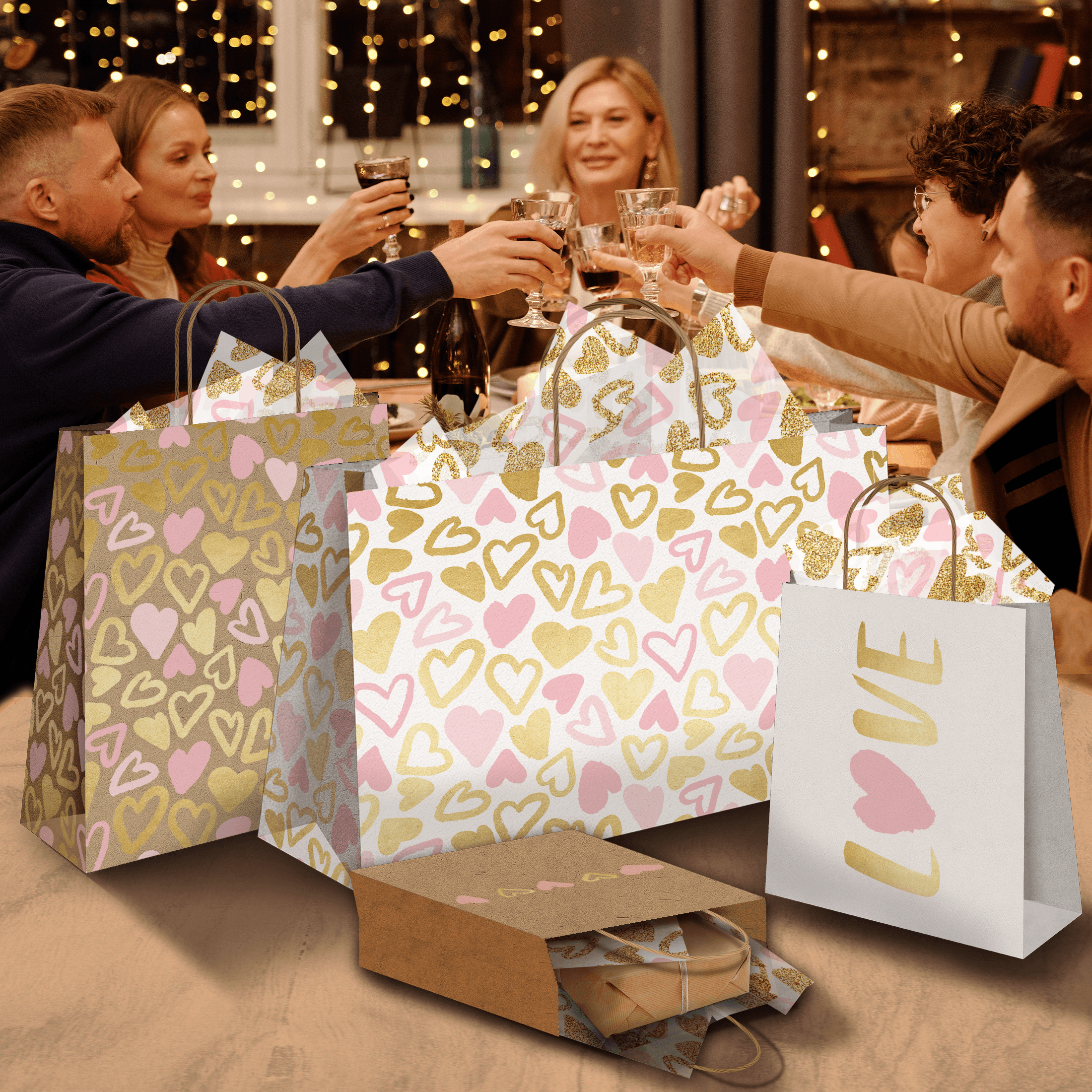 Pink and Gold Heart Kraft Paper Gift Bags - Assorted Sizes for Valentine's Day, Birthday Party Favors, Wedding Favors & Small Gift Packaging