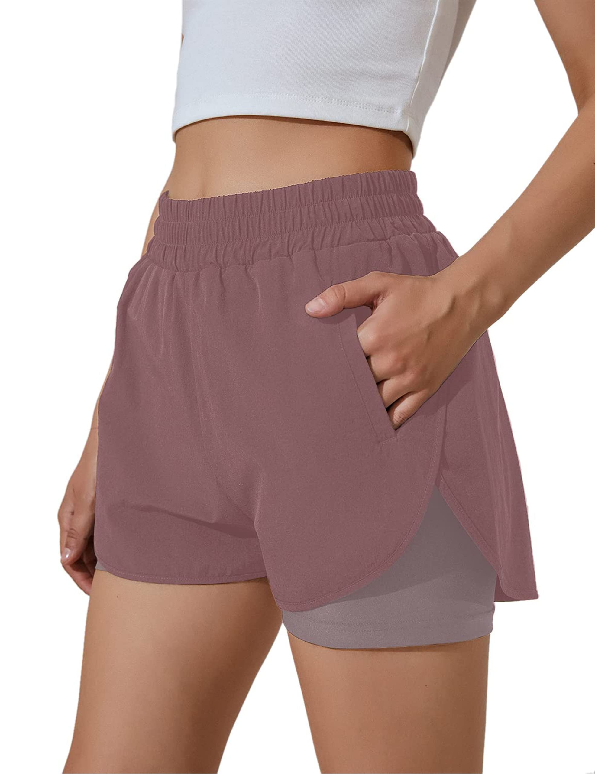 BMJL Women's High Waisted Running Shorts with Pockets - Elastic Waist Athletic Shorts for Gym, Workout & Sports | Comfortable Breathable Yoga Shorts for Women's Activewear