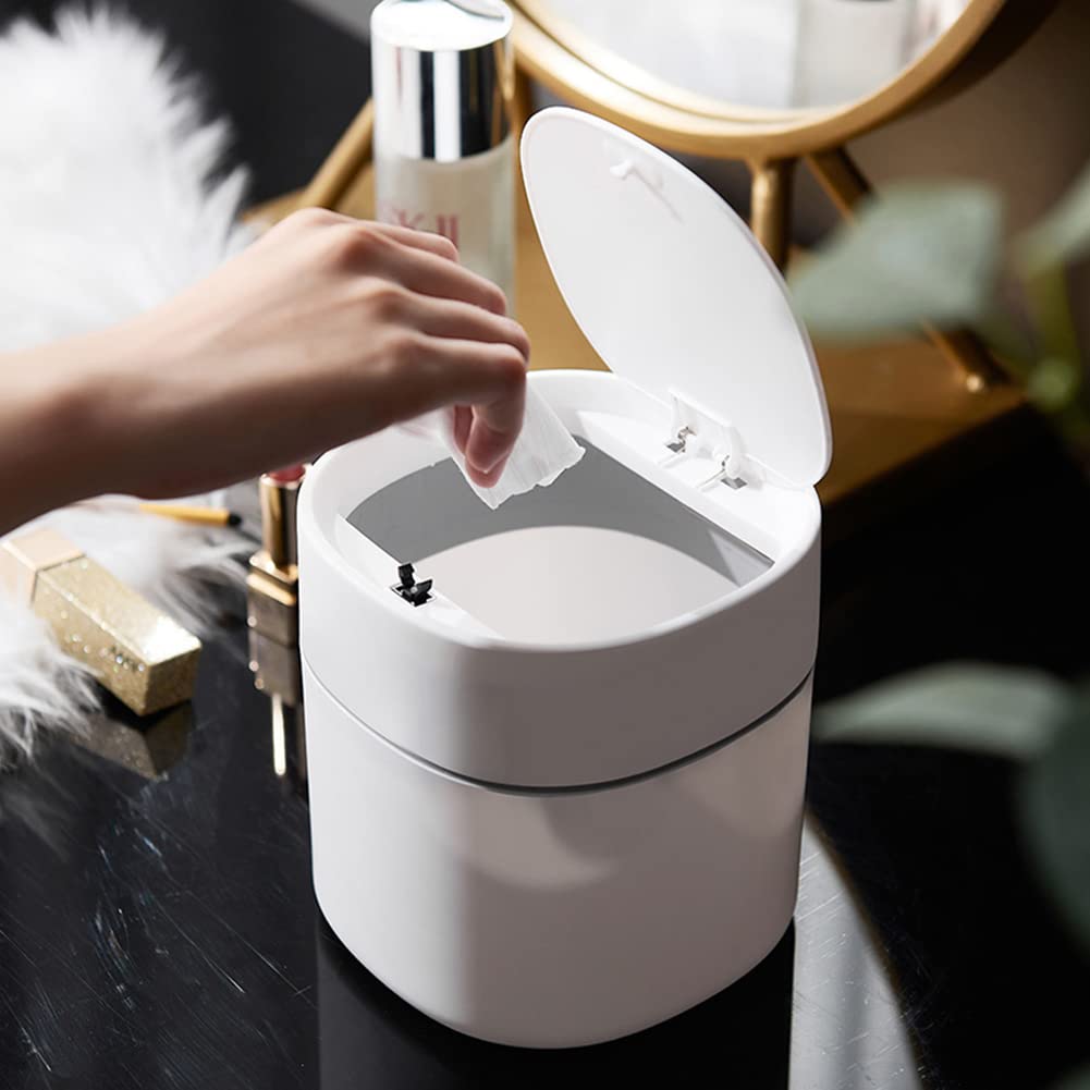Mini Desktop Trash Can with Lid - Small Sanitary Waste Bin for Peeling Fruits, Snack Shells & Car Trash - Compact Office & Home Garbage Bin (White with Spring Cover) - Perfect for Desk, Kitchen Counter, Bedroom & Vehicle Use