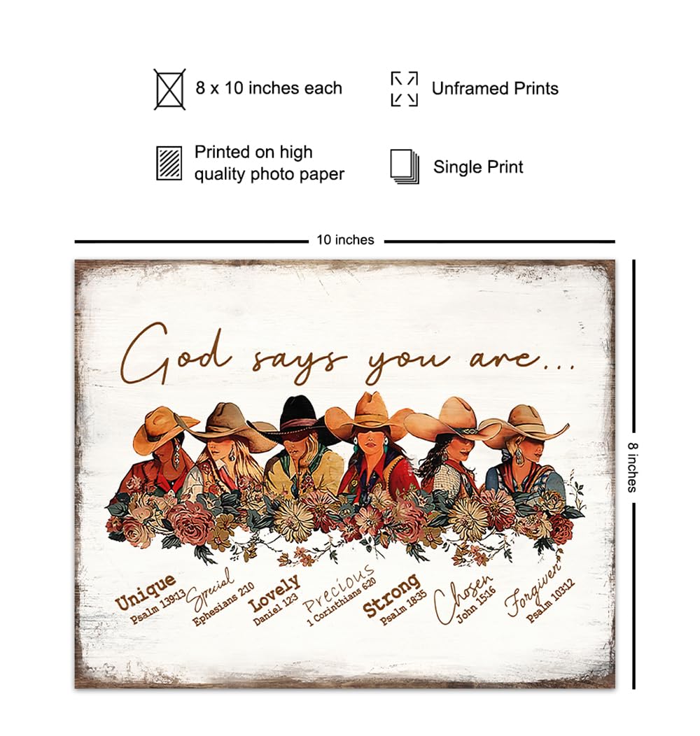 Rustic Christian Wall Art - Inspirational Scripture Decor for Farmhouse & Cowgirl Bedrooms - God Says You Are Poster - Boho Country Western Home Decor - Perfect for Women's Gifts & Shabby Chic Room Decorations