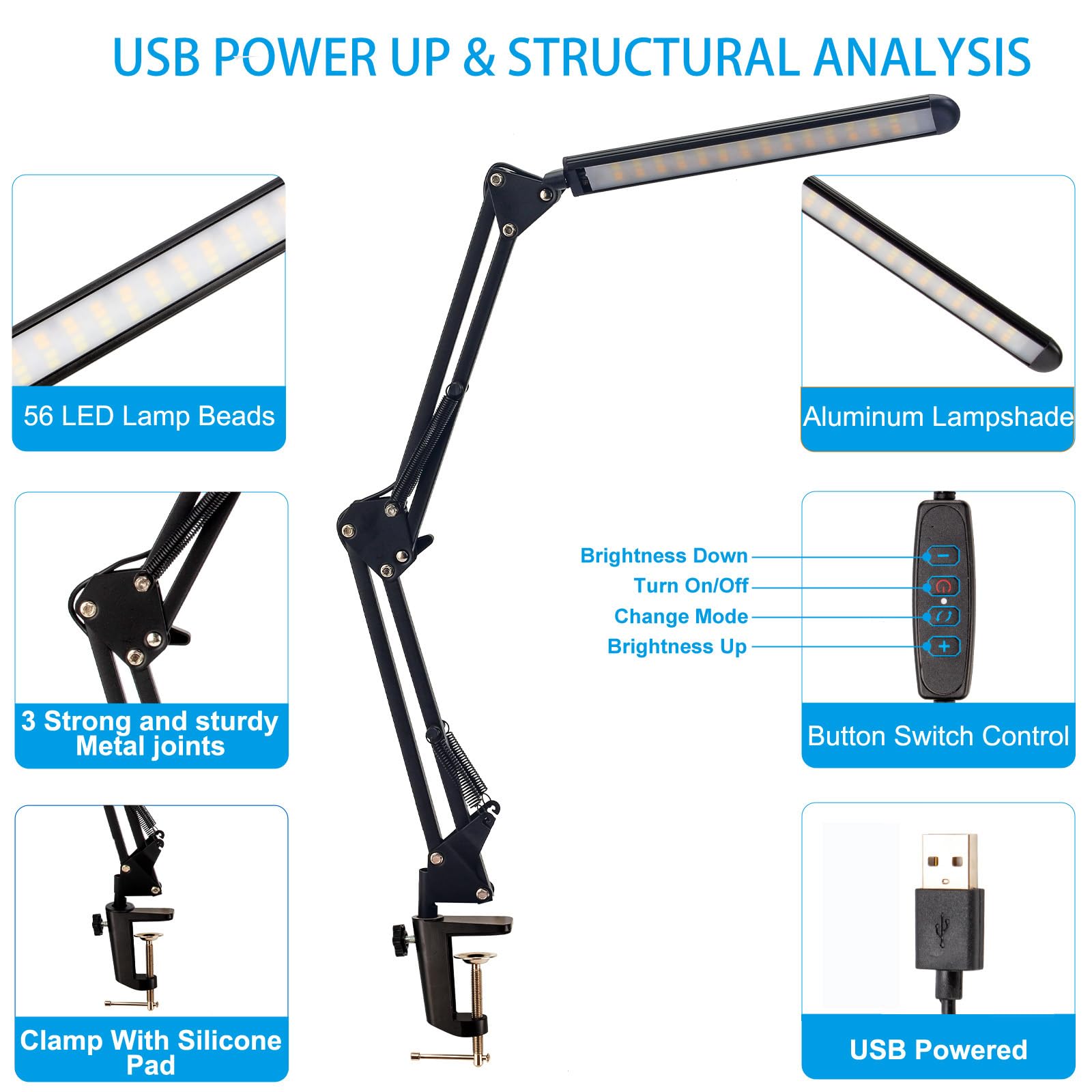 2 Pack LED Desk Lamp with Clamp - Eye-Caring Metal Swing Arm, 10 Dimmable Brightness & 3 Light Modes for Reading - Perfect Home Office Lighting for Work, Study and Nightstand Use