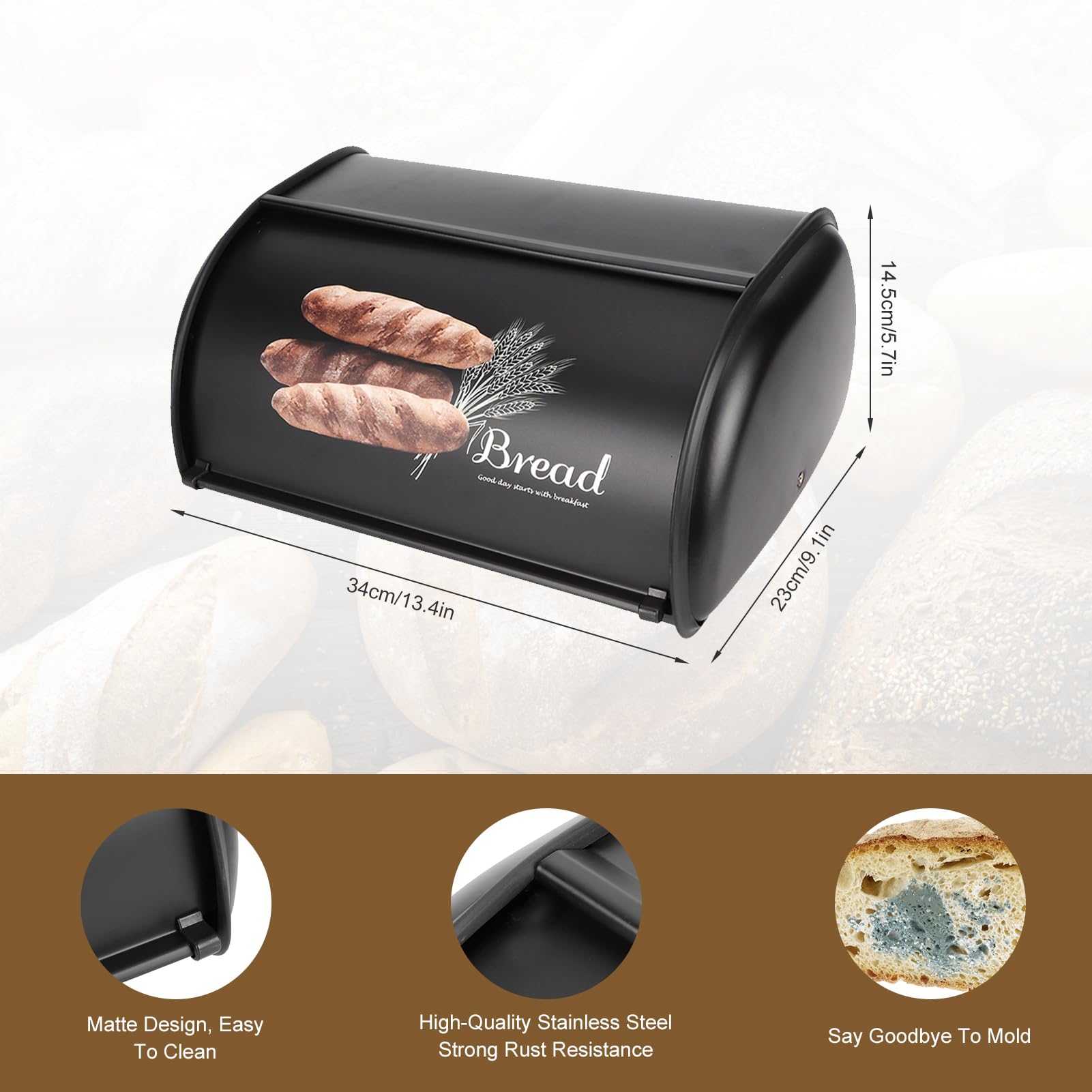 Fingerprint Proof Stainless Steel Bread Box with Roll Up Lid - 15 x 10 x 6 Inches Kitchen Counter Bread Storage Container (Black) | Perfect for Fresh Bread Storage, Countertop Organization & Modern Kitchen Decor