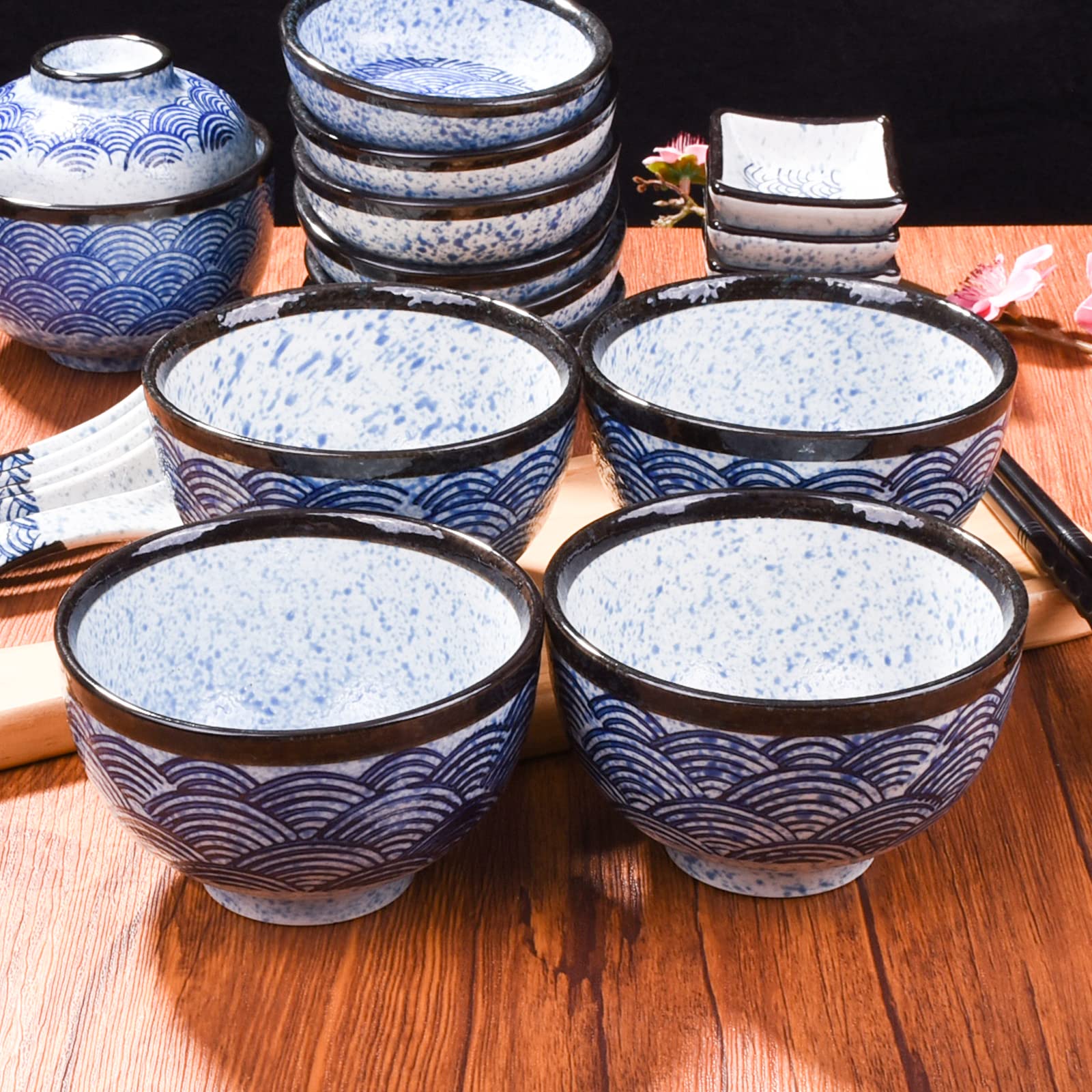 Japanese Rice Bowl Set of 4 - 10.2oz Asian Ceramic Sushi Bowls in Blue - Perfect for Rice, Snacks, Desserts & Sauces - Ideal for Sushi, Ramen, Poke Bowls and Home Dining