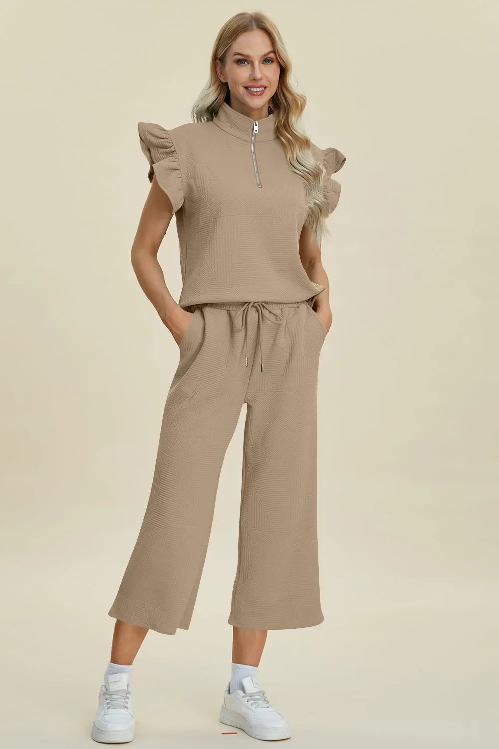 Double Take Women's Full Size Textured Ruffle Short Sleeve Top & Wide Leg Pants Set | Casual Outfit for Summer, Beach, Date Night & Office Wear