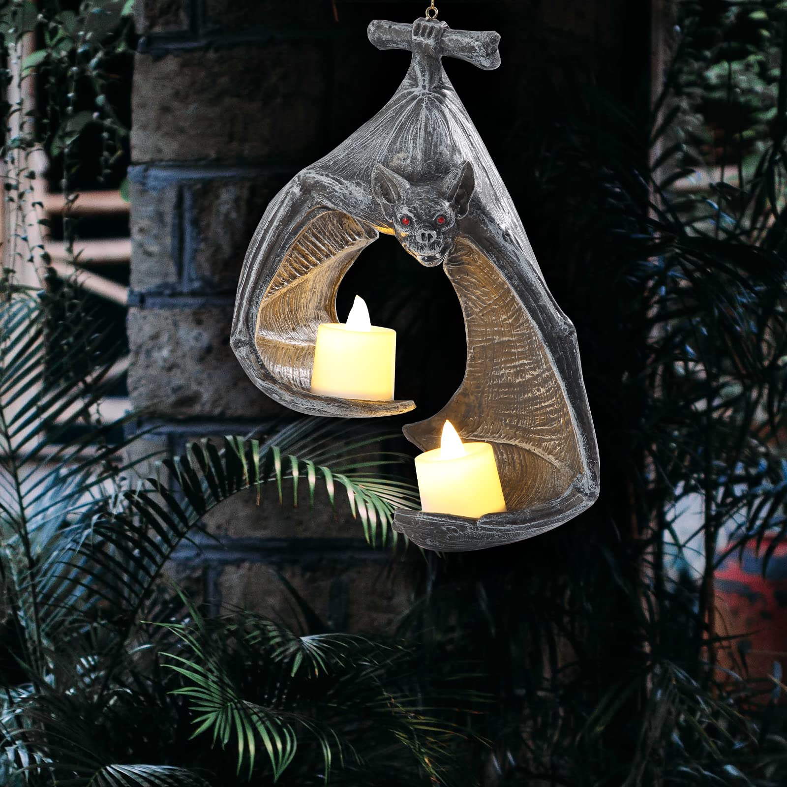 Halloween Bat Wall Tealight Holder - Gothic Bat Candle Sconce with Candles, Spooky Hanging Decor for Halloween Party, Home & Outdoor Decorations