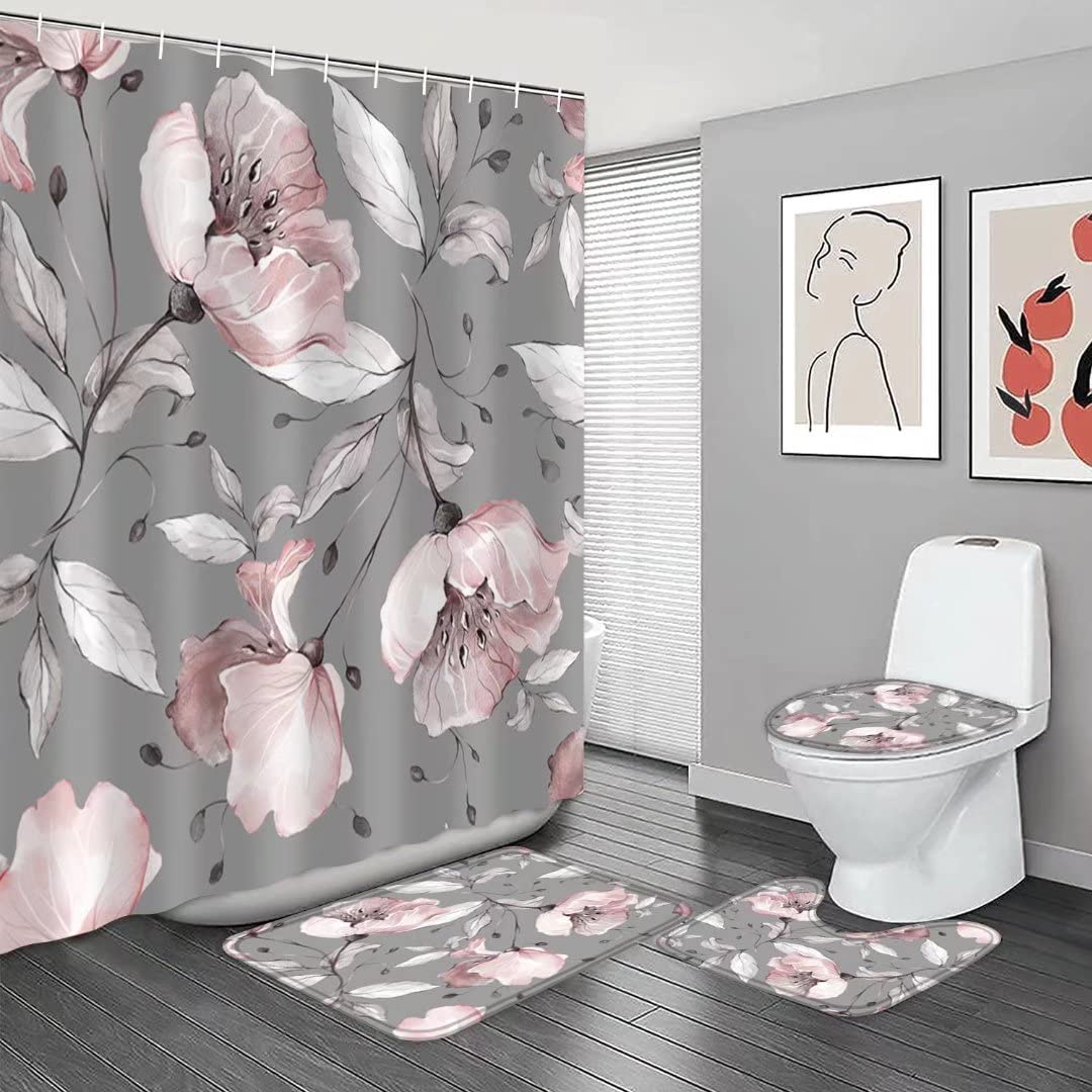 Yizheer Pink Floral Grey Leaves Shower Curtain Set with Non-Slip Bath Mat, Toilet Cover & Rug - Waterproof Bathroom Decor for Modern Homes, Perfect for Guest Bathrooms & Master Suites