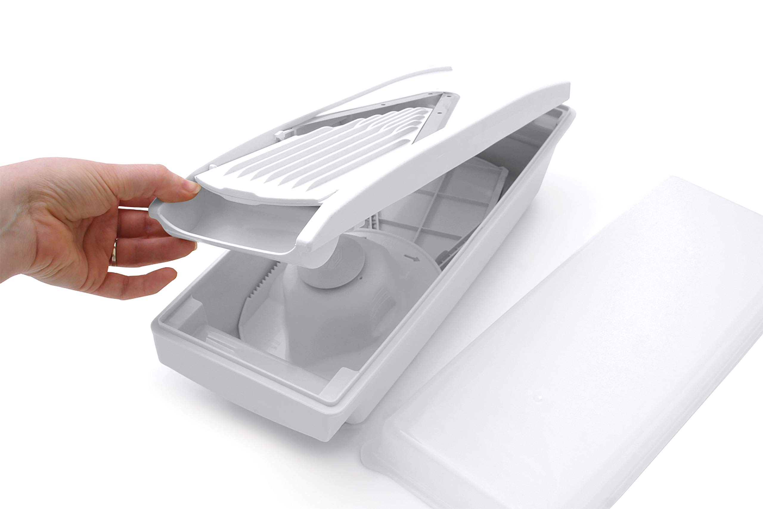Swissmar V-Prep™ Mandoline Slicer - Professional Kitchen Tool for Julienne, Shred, Cube & Slice Vegetables - Multi-Function Bowl & Safety Holder Included - White - Perfect for Meal Prep, Salad Making & Healthy Cooking