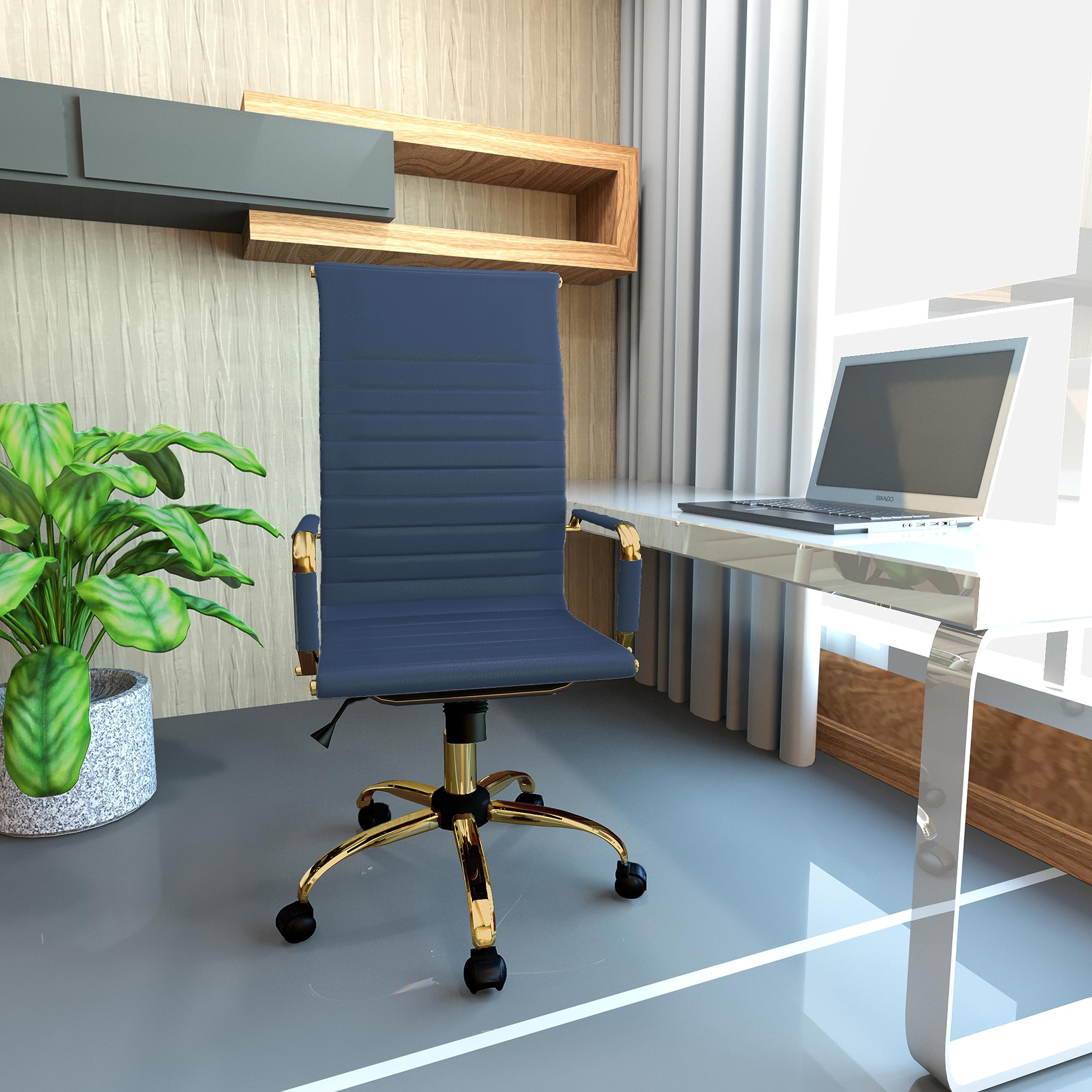 LeisureMod Harris High-Back Ergonomic Office Chair - Modern Leather Executive Chair with Gold Metal Frame, Ribbed Back Design, 360° Swivel & Adjustable Height - Perfect for Home Office, Study Room & Workspace - Ideal for Long Hours of Comfortable Sitting
