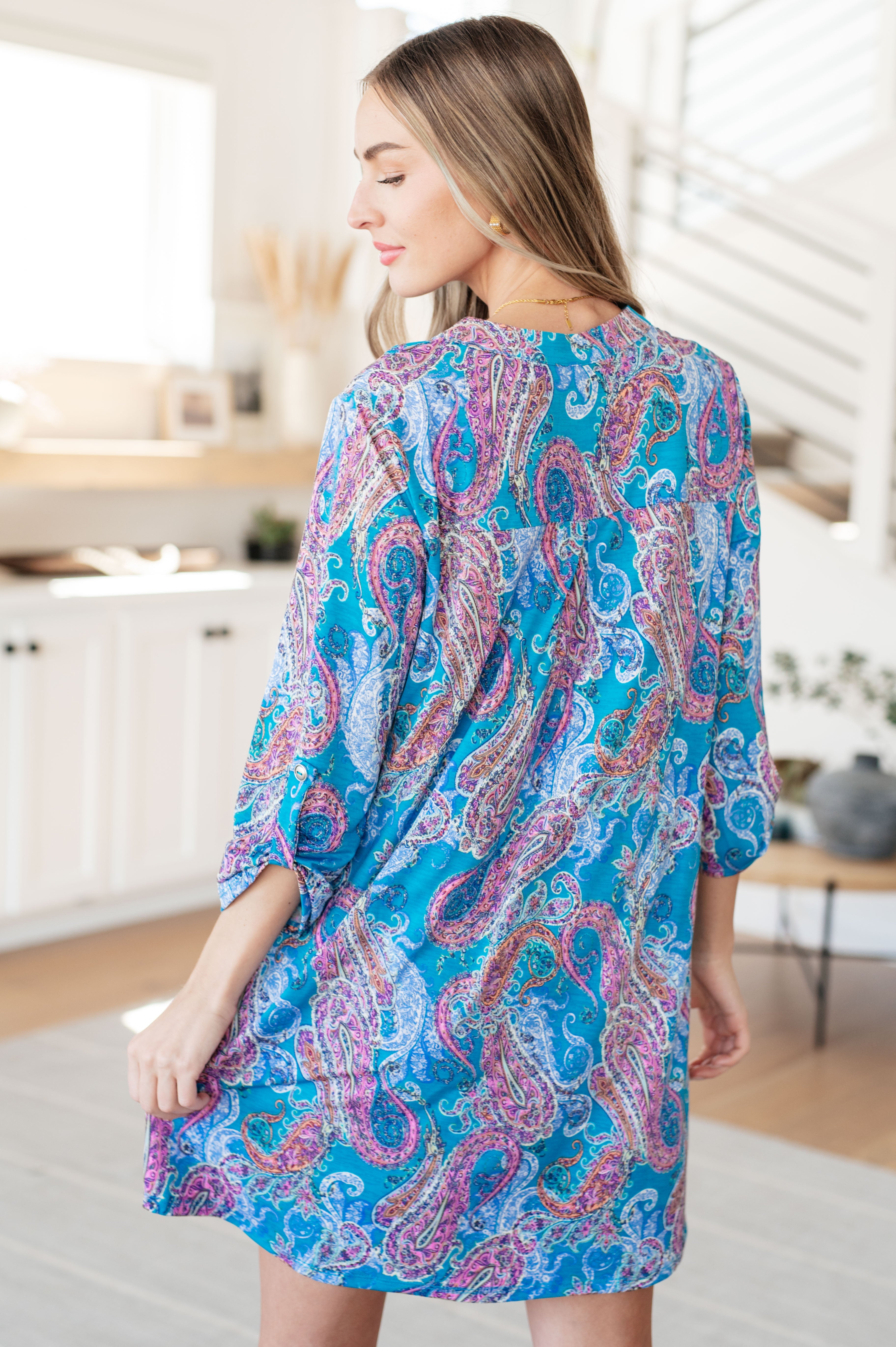 Stylish Lizzy Dress in Teal and Pink Paisley Print - Perfect for Summer Parties, Weddings & Casual Outings