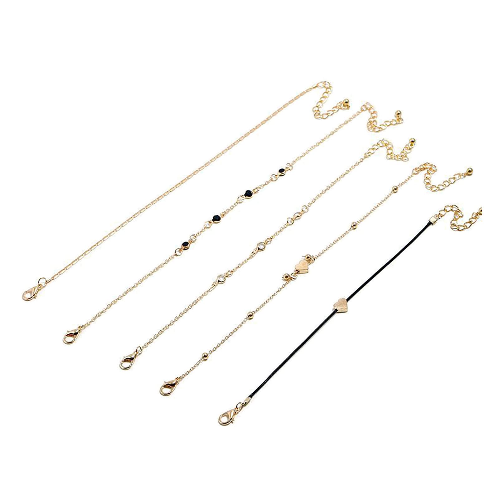5 Pcs Gold Anklet Bracelets Set for Women - Dainty String Link Ankle Chains with Heart Charms, Stackable Jewelry for Beach, Summer & Boho Style Outfits