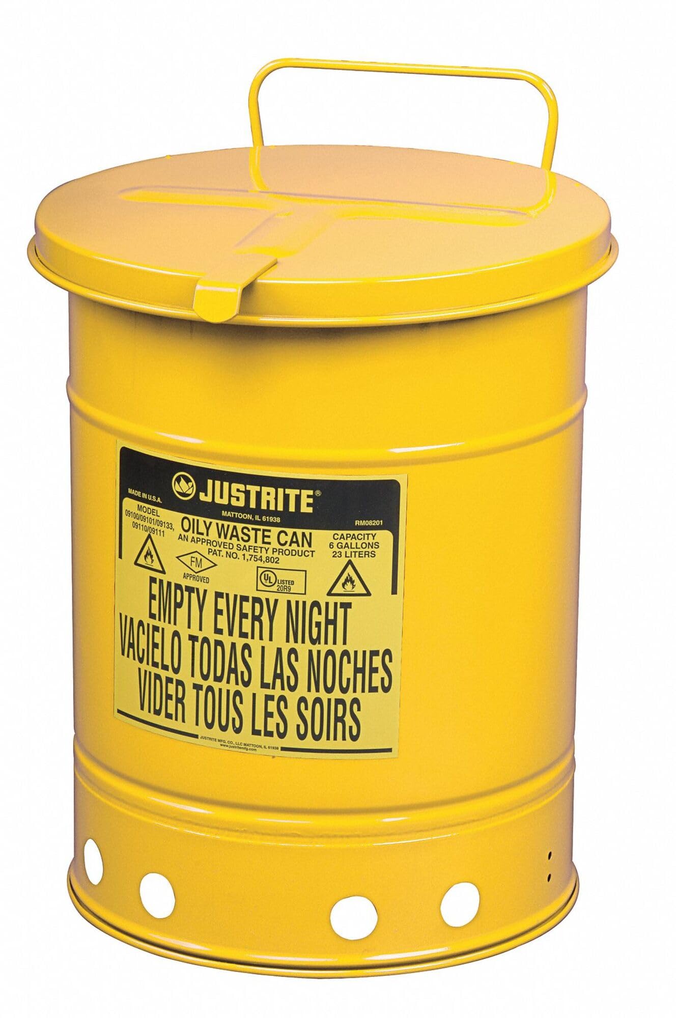 Justrite 09711 21-Gallon Yellow Manual-Closing Oil Waste Can - Safe Hazardous Liquid Storage for Garages, Workshops & Industrial Use