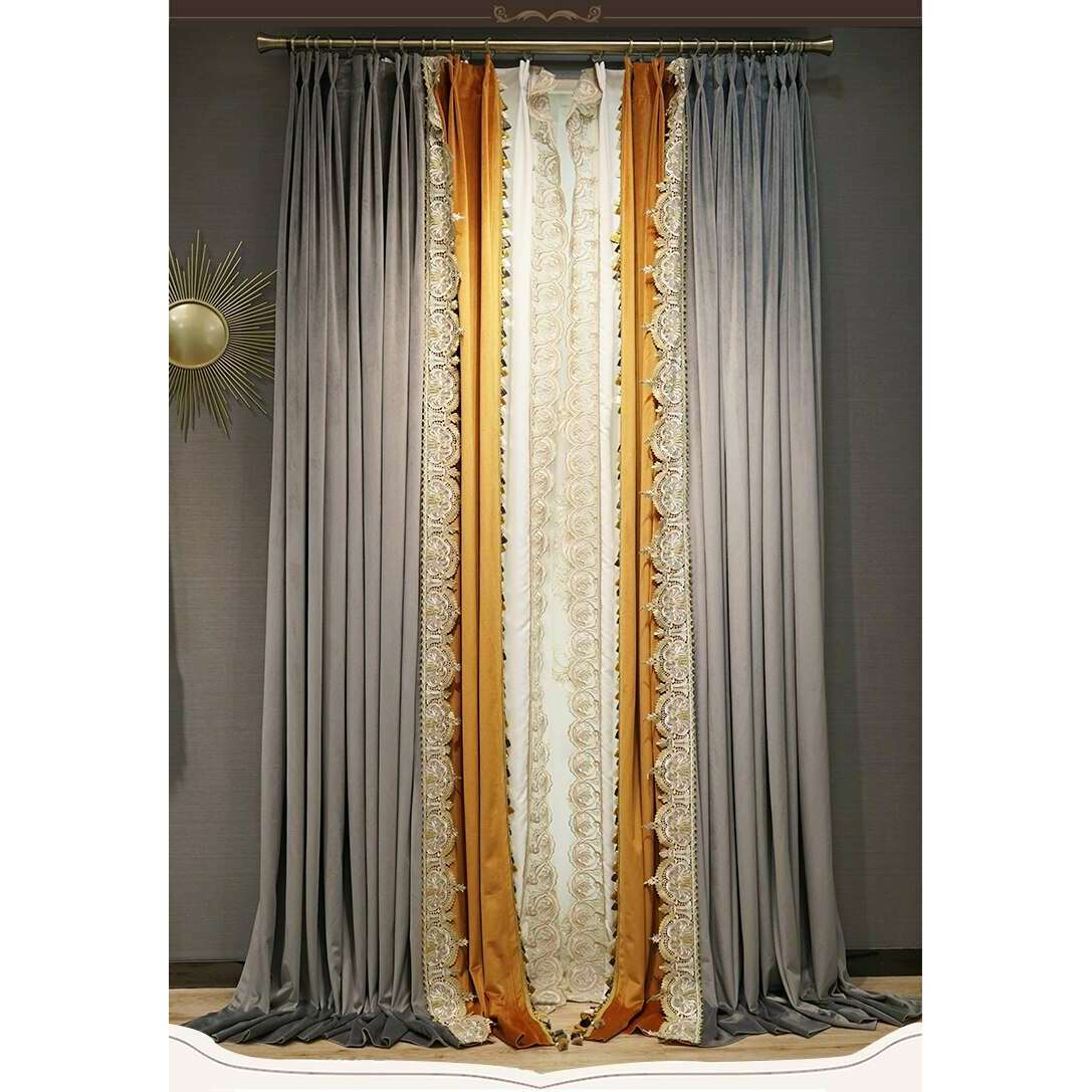Brittany Luxury Royal Lace Designer Velvet Curtains - Gray & Orange Elegant Window Drapes for Living Room, Bedroom & Wedding Decor
