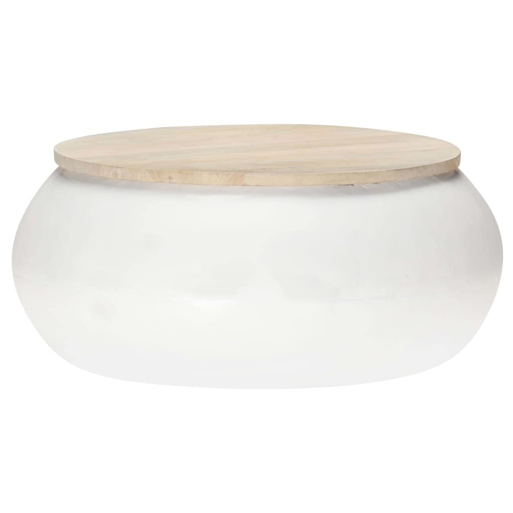 Modern White Coffee Table - Solid Mango Wood Tabletop with Sturdy Iron Base - 26.8