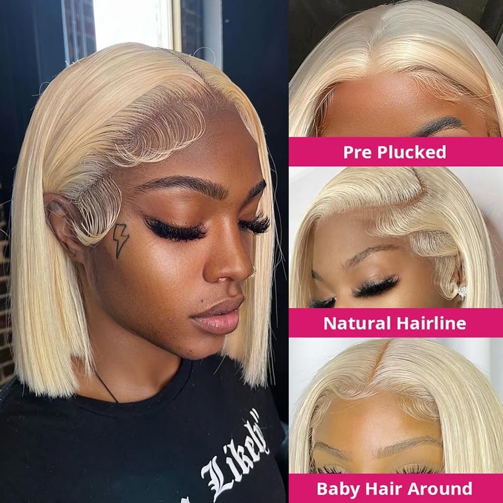 613 Blonde Bob Wig Human Hair 13x4 HD Lace Front Wig 200% Density - Pre Plucked with Baby Hair, Glueless Short Straight Bob Wigs for Women (12 Inch) - Perfect for Cosplay, Daily Wear & Special Occasions