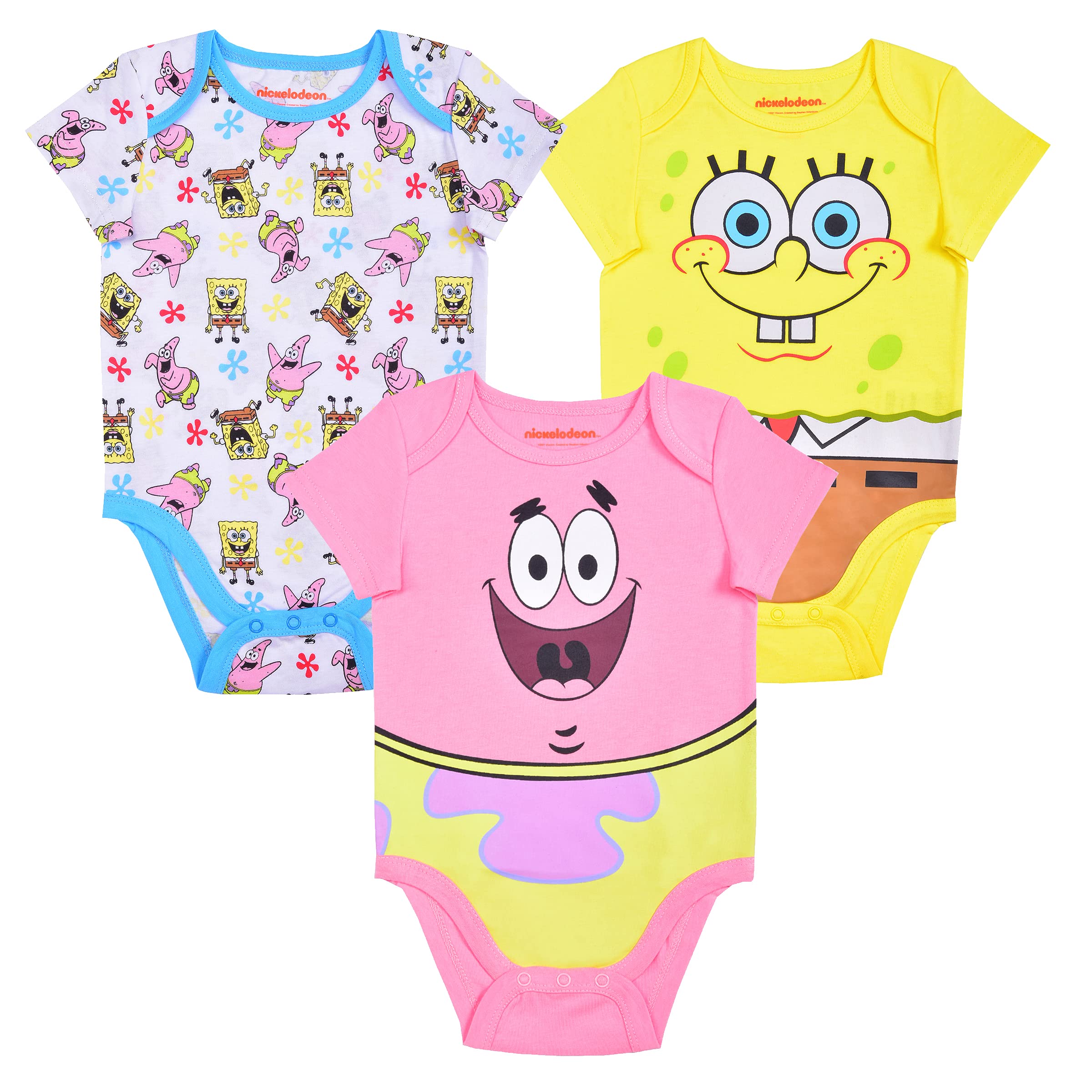 SpongeBob SquarePants & Patrick Star Boys' 3-Pack Baby Bodysuits for Newborns & Infants - Soft Cotton Yellow/White/Pink Outfits - Perfect for Playtime, Photo Shoots & Gift Giving