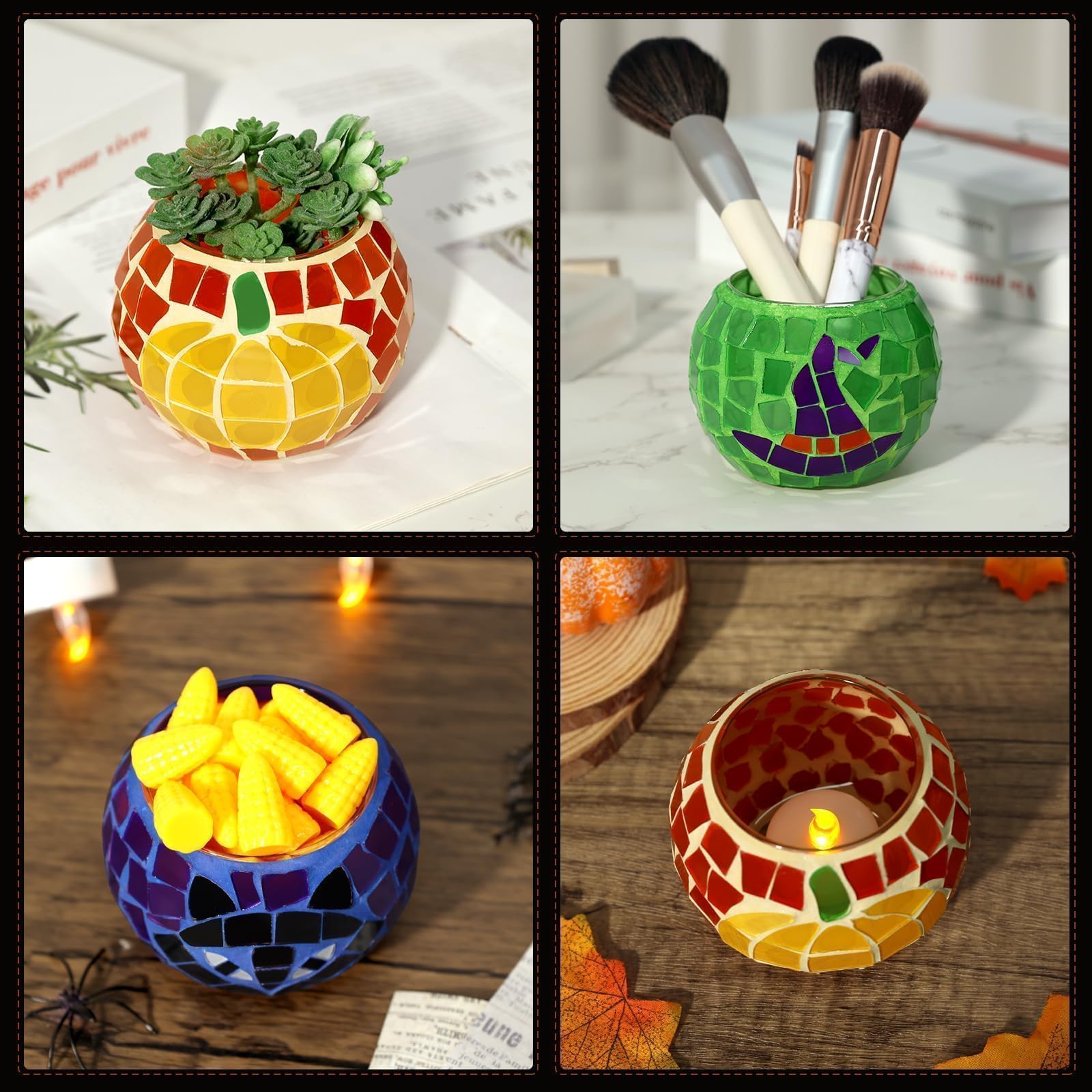 Black Cat Mosaic Glass Tealight Holders Set of 3 - Halloween Pumpkin Gothic Votive Candle Holders for Party Centerpiece & Dinner Table Decor - Perfect for Halloween Home Decor, Spooky Dinner Parties & Gothic Weddings (Candles Not Included)