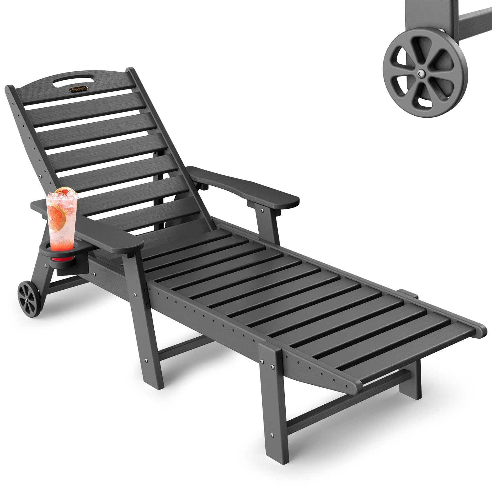 6-Position Adjustable HDPE Outdoor Chaise Lounge Chair with Wheels & Cup Holder - Patio, Poolside, Deck & Backyard Relaxation - Grey Weather-Resistant Lounge Chair for Sunbathing & Outdoor Lounging
