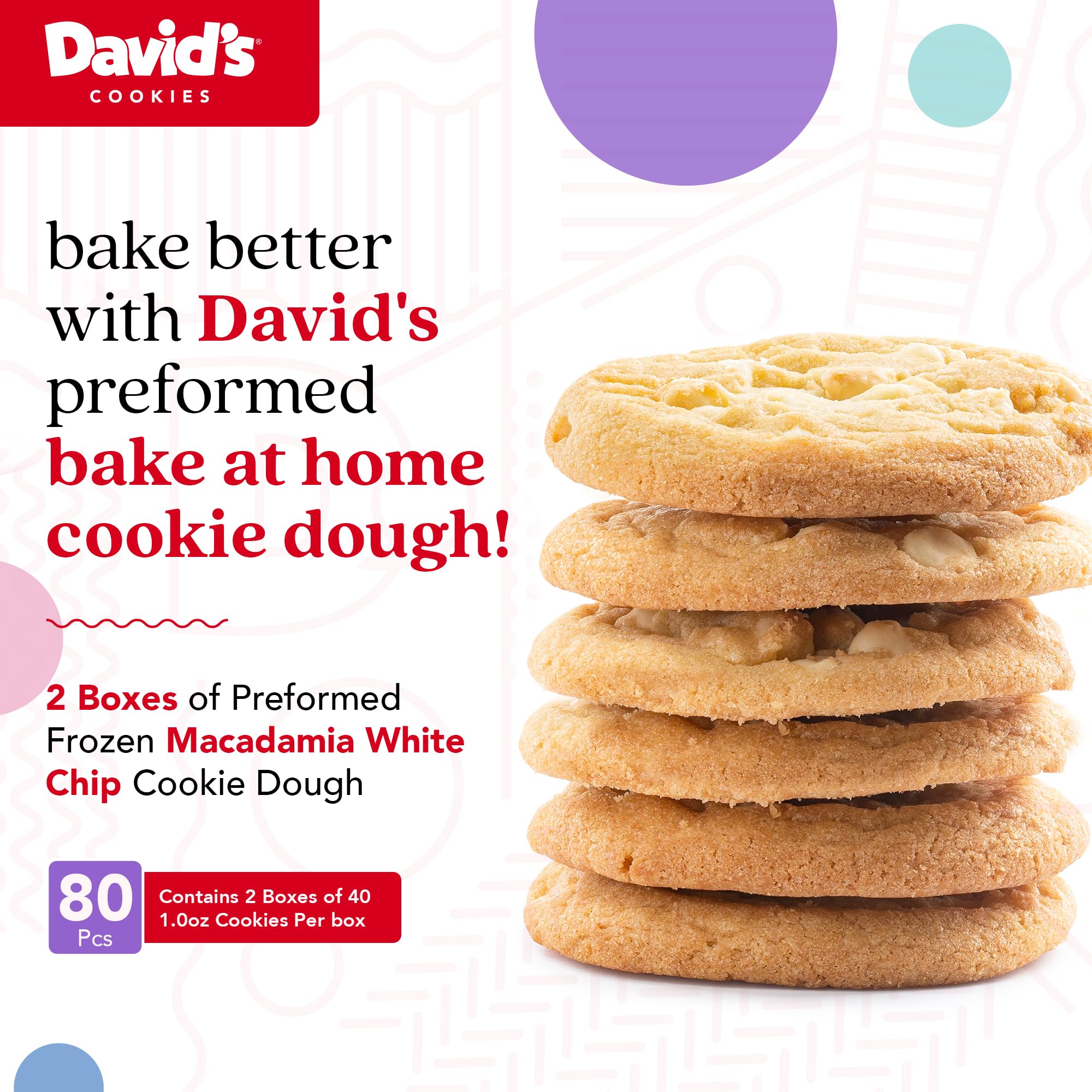 David's Cookies Preformed Frozen Macadamia White Chocolate Chip Cookie Dough - 80 Count Bulk Pack for Baking, Parties & Gifting