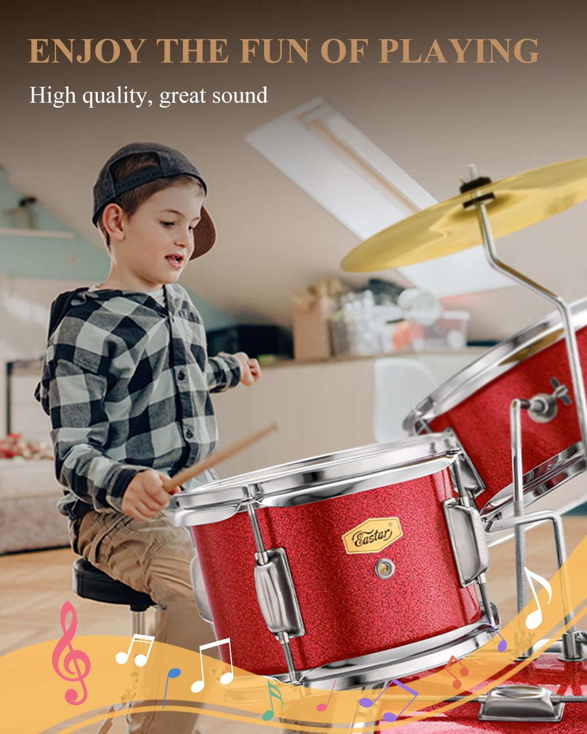 Eastar 3-Piece 14'' Junior Drum Set for Kids & Beginners - Complete Drum Kit with Adjustable Throne, Cymbal, Pedal & 2 Pairs Drumsticks - Perfect for Home Practice, Music Lessons & First-Time Players (Metallic Red)