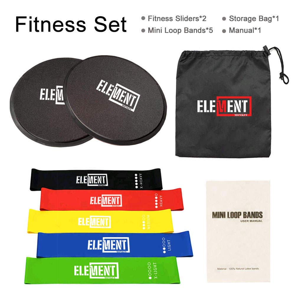 Core Strength Slides & 5 Resistance Loop Bands Set - Home Workout Equipment for Pilates, Yoga, CrossFit, Physical Therapy | Perfect for Beachbody 80 Day Obsession, Stretching & Home Gym Training