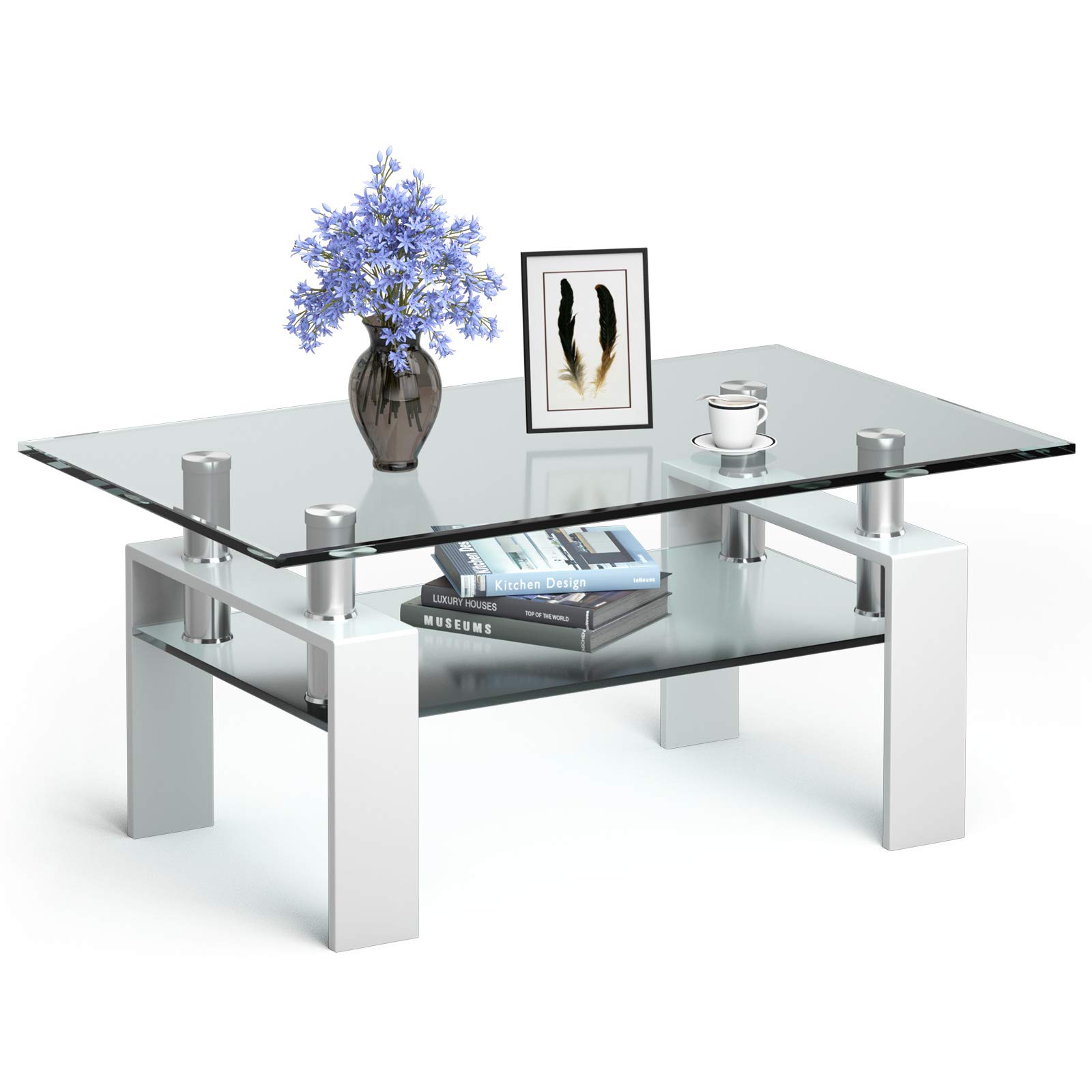 Tangkula Modern Rectangular Glass Coffee Table with Lower Shelf - Tempered Glass Top & Sturdy Metal Legs - Perfect for Living Room, Office, or Lounge (White)