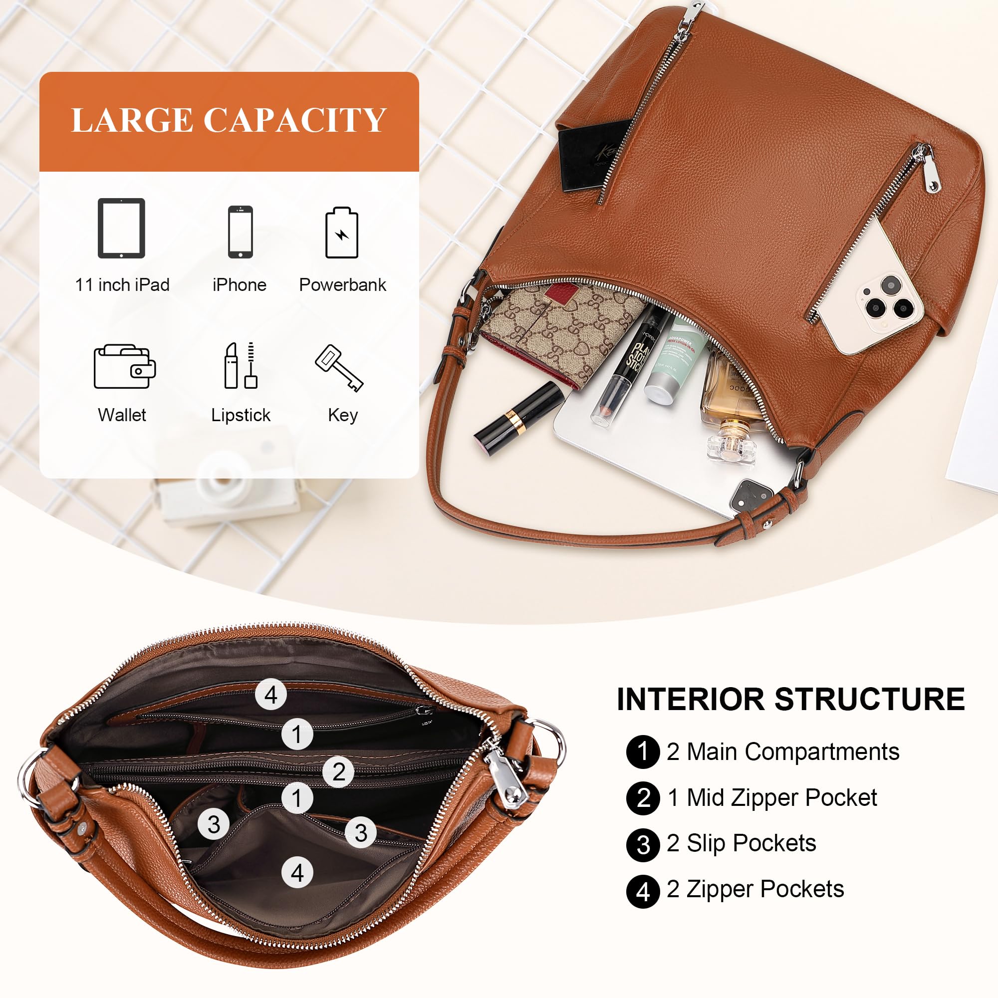 Genuine Leather Hobo Shoulder Bag for Women - Stylish Crossbody Purse with Medium Size - Perfect for Work, Travel, and Everyday Use