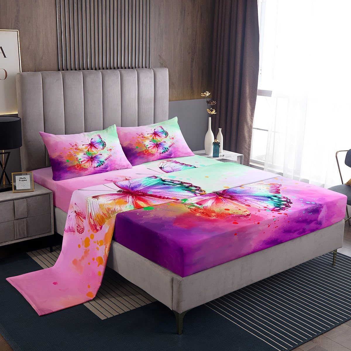 Erosebridal Watercolor Butterfly Twin Sheet Set - Pink Tie Dye Rainbow 3D Butterflies Bedding for Girls | Soft Microfiber Fitted Sheet & Pillowcases (3Pcs) | Chic Dorm Room Decor for Teens & Women | Perfect for Birthday Gifts, College Dorm Essentials & Bedroom Makeover