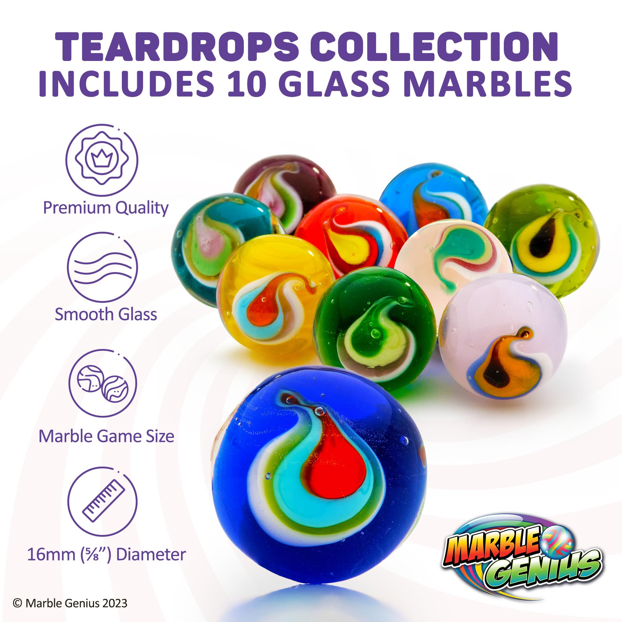 Marble Genius Collectors Marbles - 10 Handmade Glass Teardrop Marbles (16mm / ⅝ Inch) - Perfect Gift for Marble Lovers & Kids Ages 3+ - Great for Collections, Games, and Home Decor