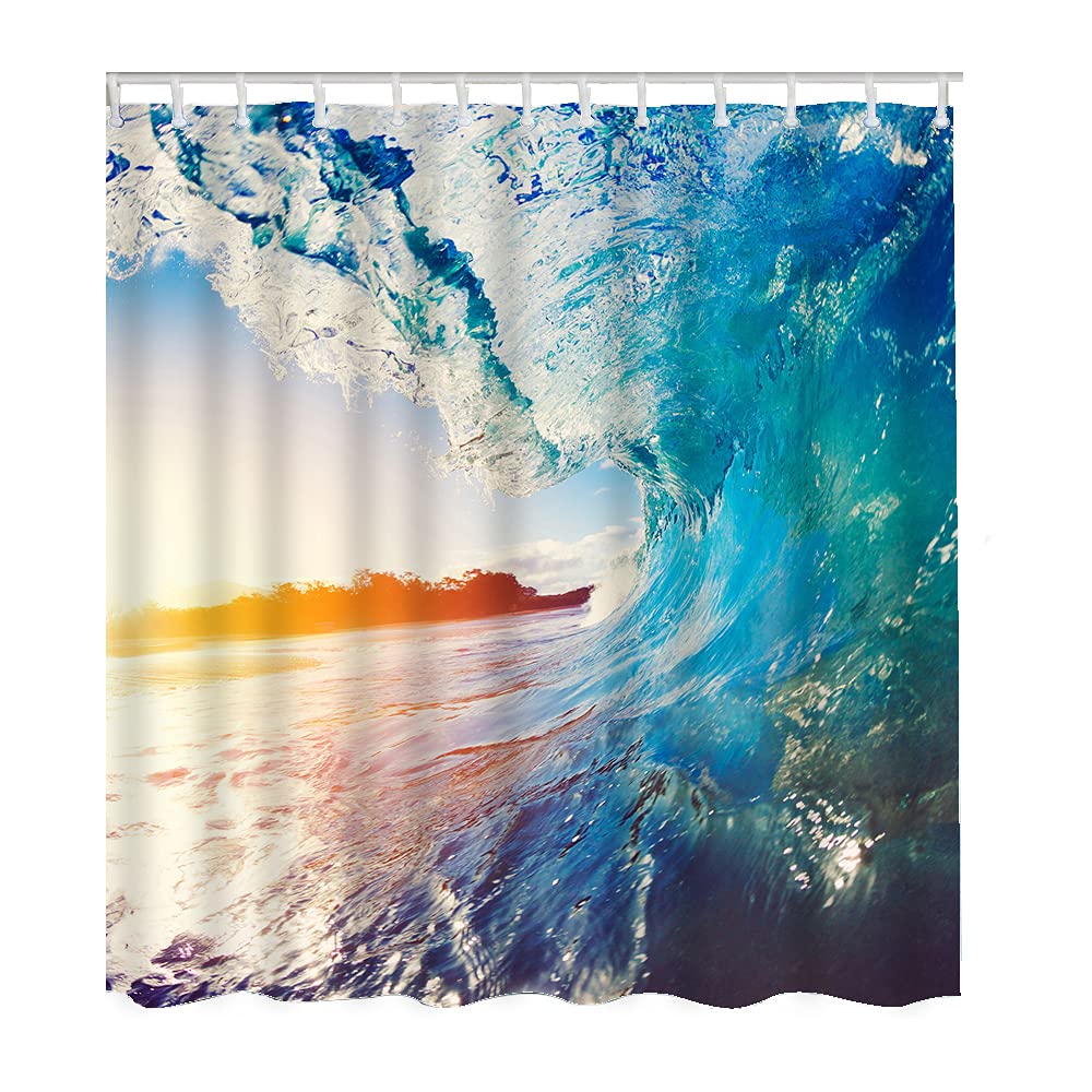 WONDERTIFY Ocean Wave Crashing Shower Curtain - Waterproof Bathroom Decor with Sunrise Surfing Design, 72x84 Inch Blue - Perfect for Beach Theme Bathrooms & Coastal Home Decor